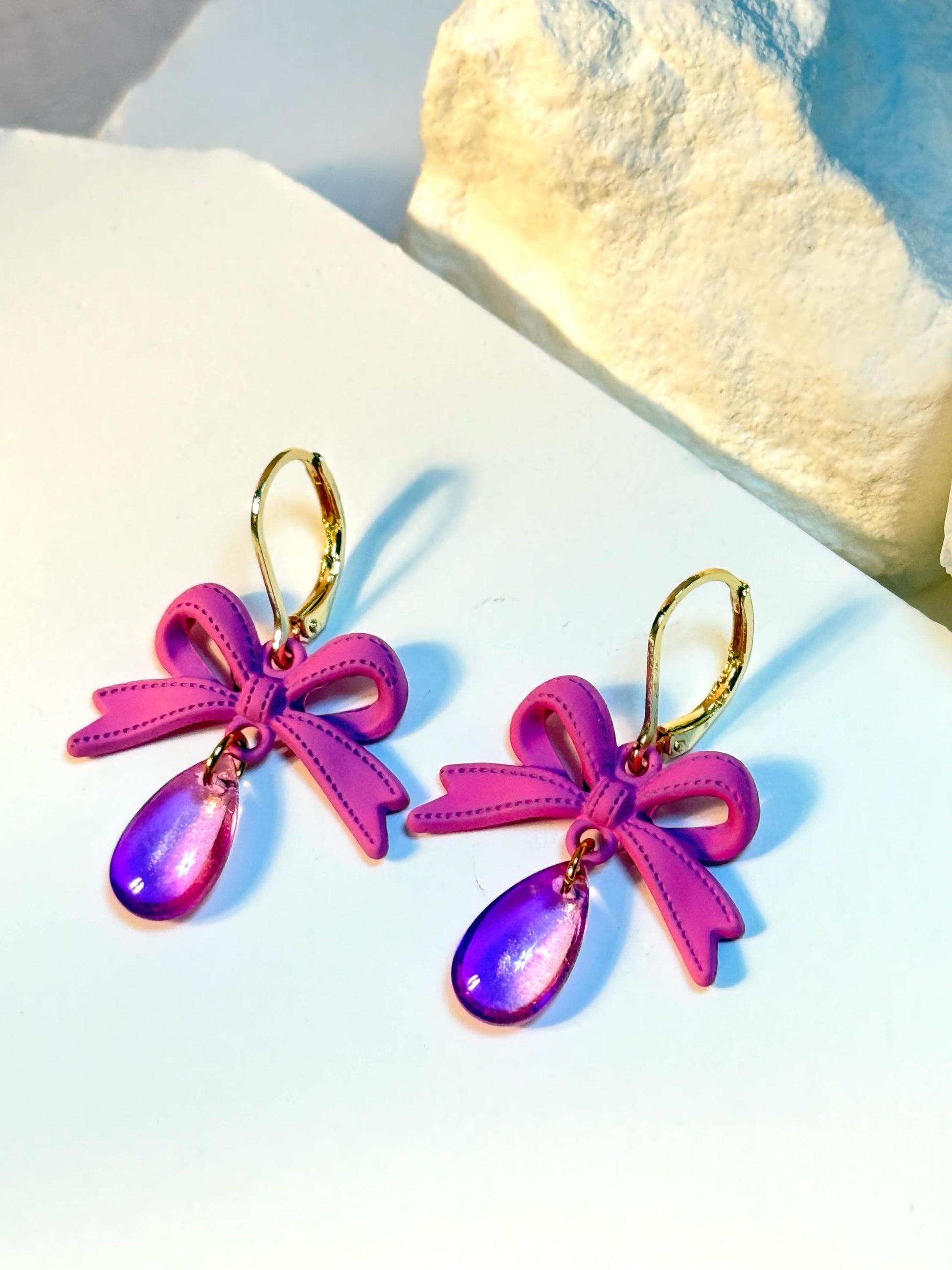 Pink Bow Dangle Earrings: Handmade Polymer Ribbon & Iridescent Teardrop