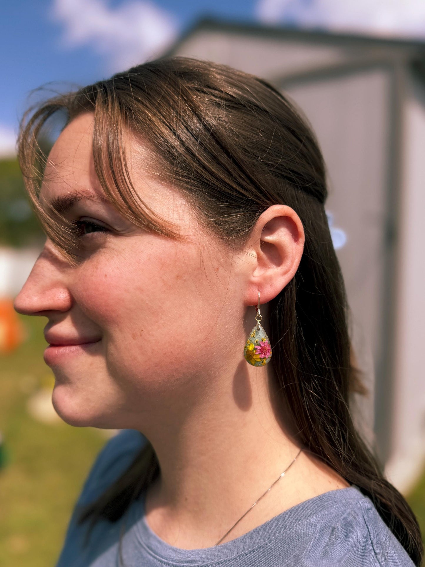 Real Daisy Resin Earrings: Gold Teardrop Dangle Botanical Jewelry