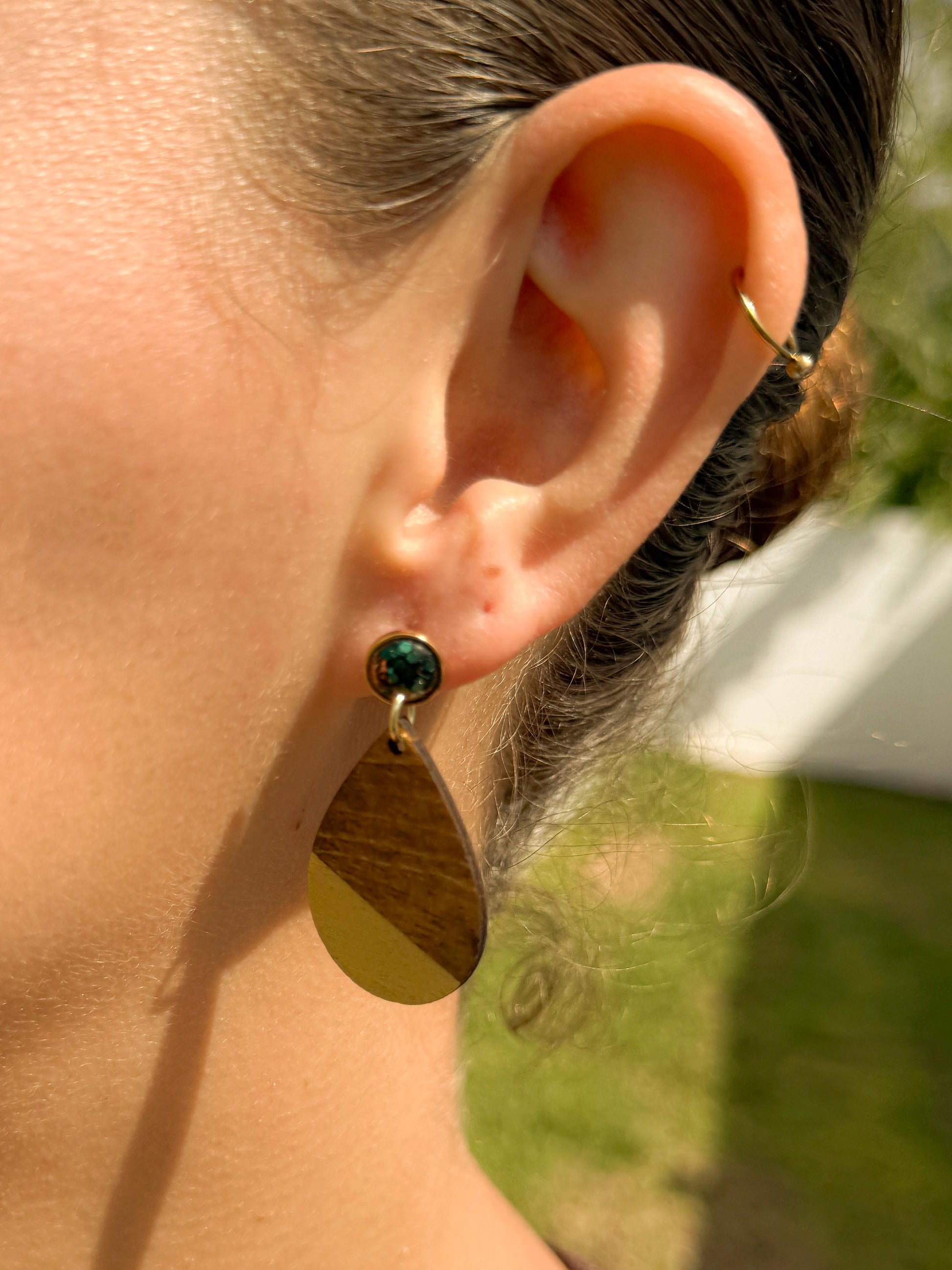 Wooden Teardrop Earrings: Green Glitter Studs, Gold Accent