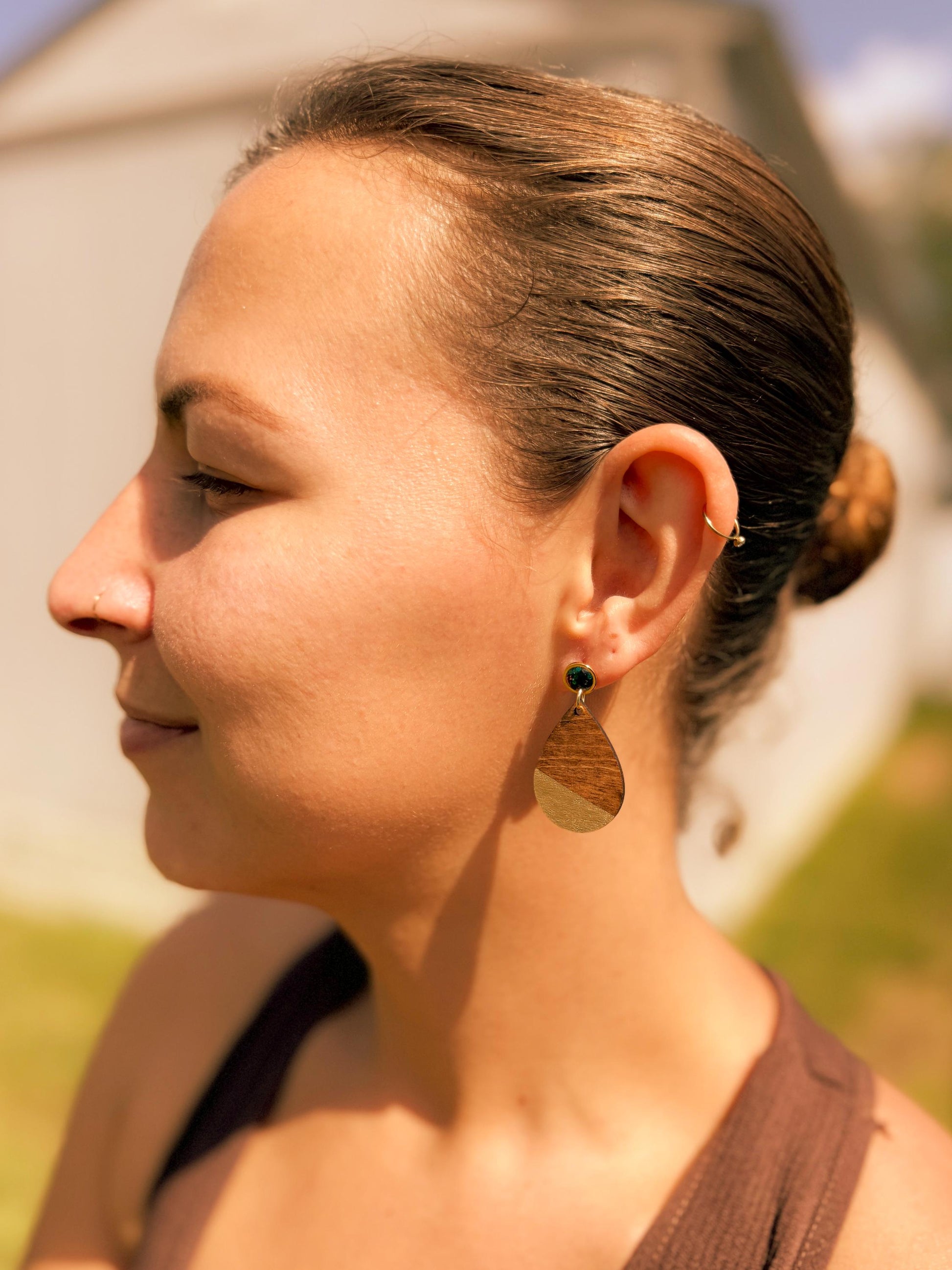 Wooden Teardrop Earrings: Green Glitter Studs, Gold Accent