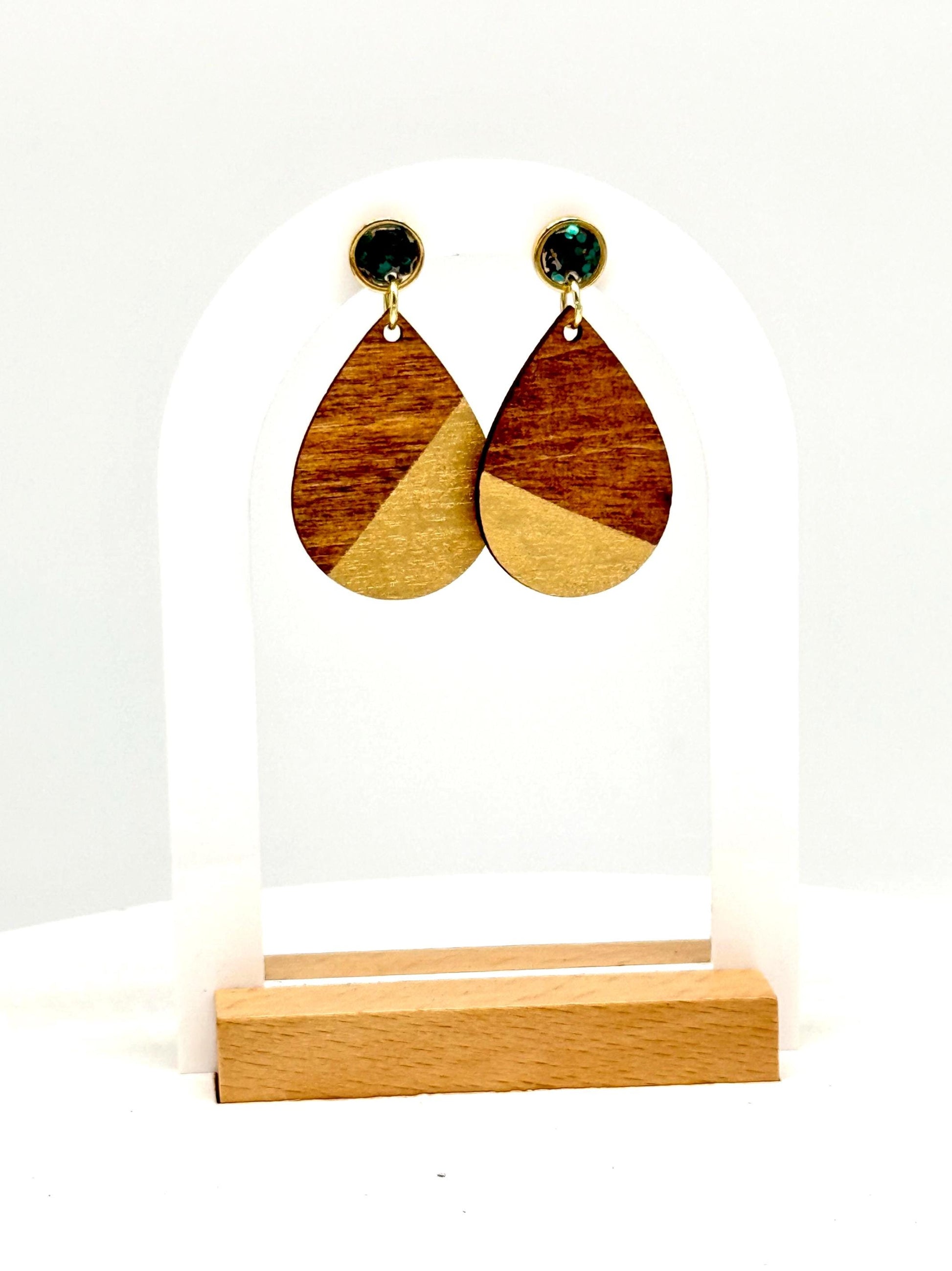 Wooden Teardrop Earrings: Green Glitter Studs, Gold Accent