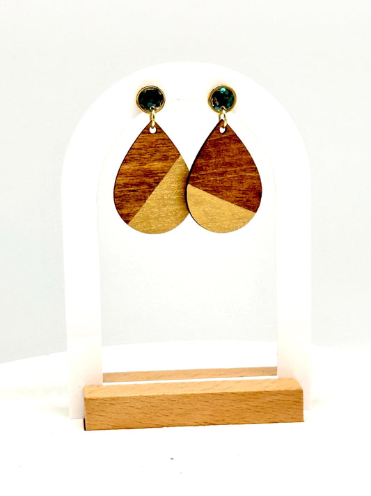 Wooden Teardrop Earrings: Green Glitter Studs, Gold Accent