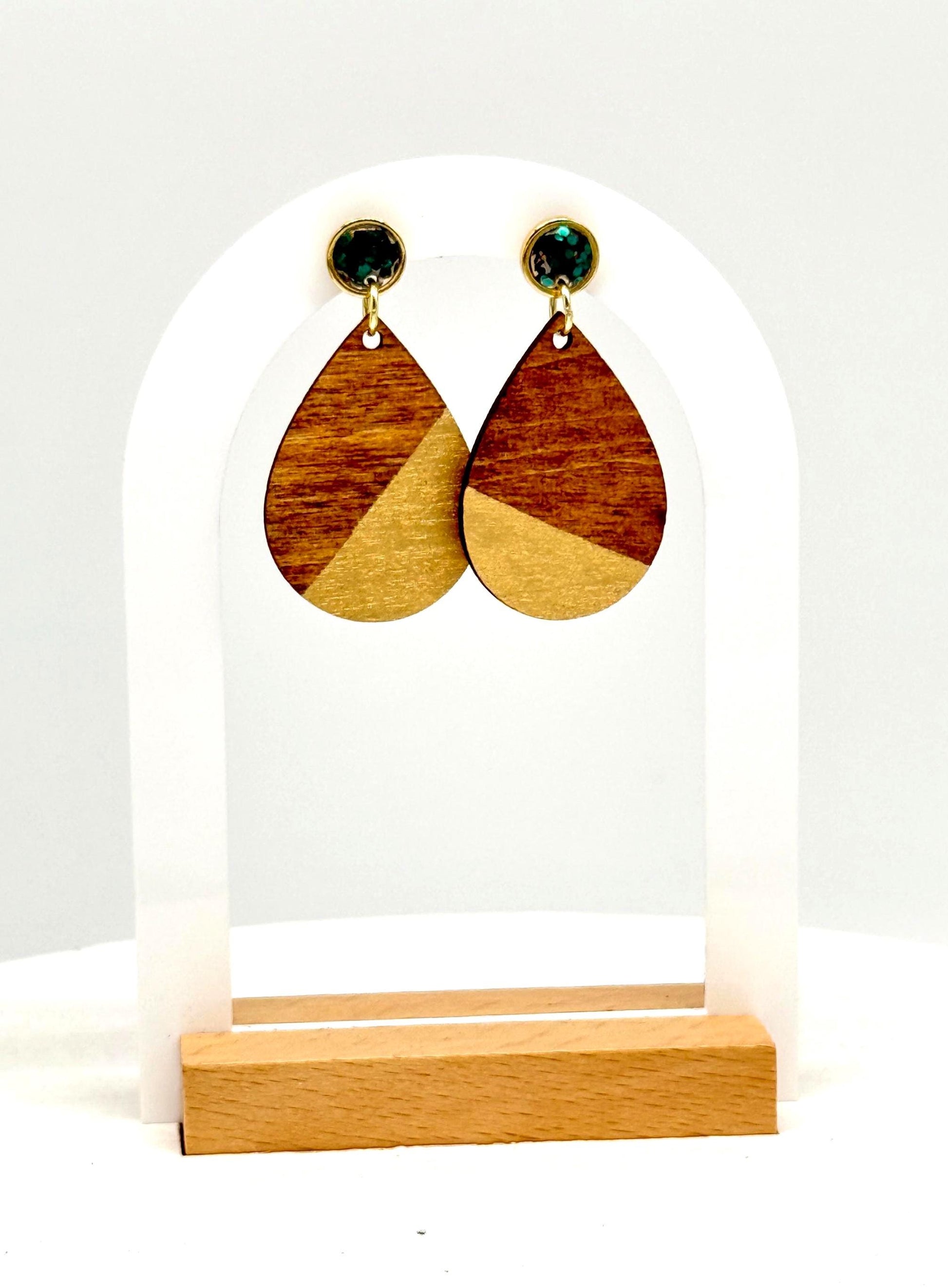 Wooden Teardrop Earrings: Green Glitter Studs, Gold Accent
