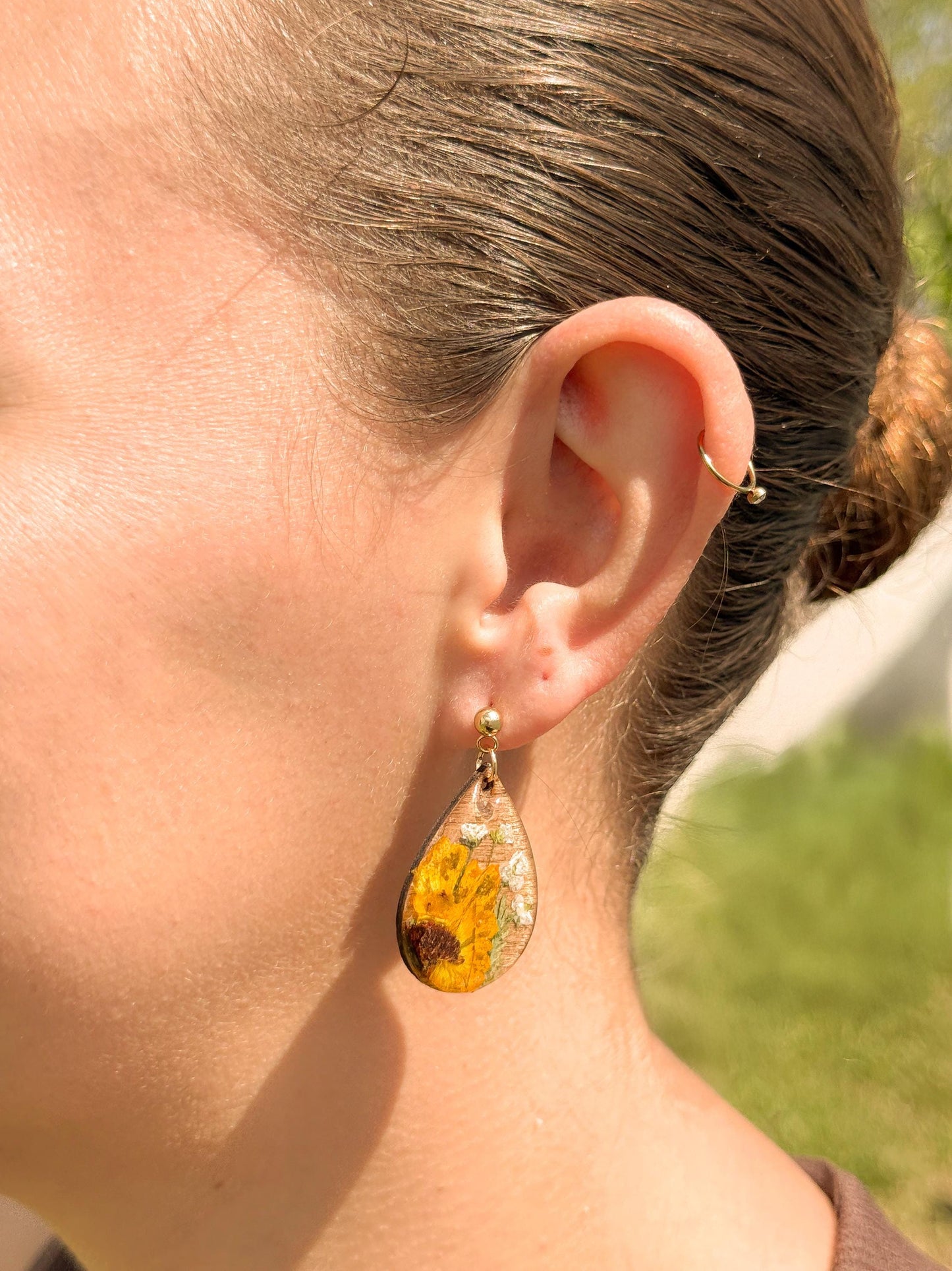 Pressed Sunflower Earrings: Wooden Teardrop Resin Jewelry