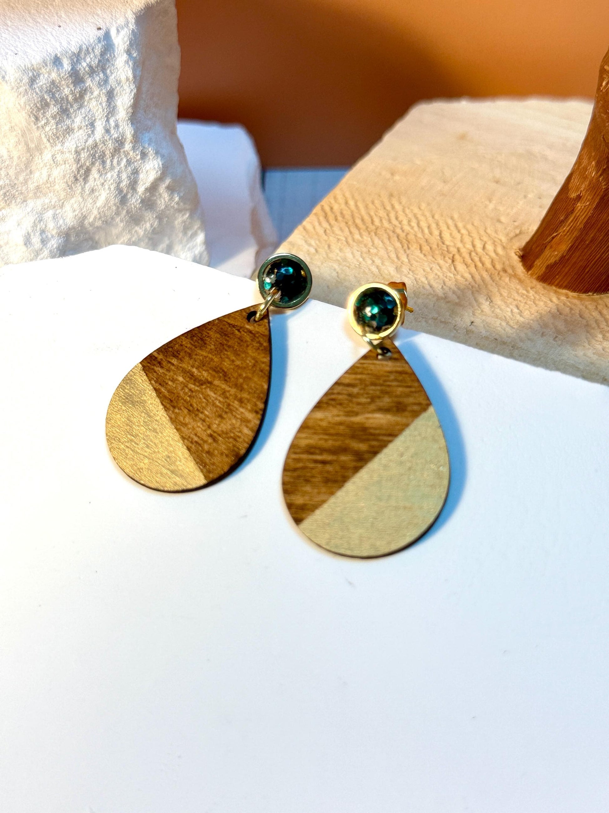 Wooden Teardrop Earrings: Green Glitter Studs, Gold Accent