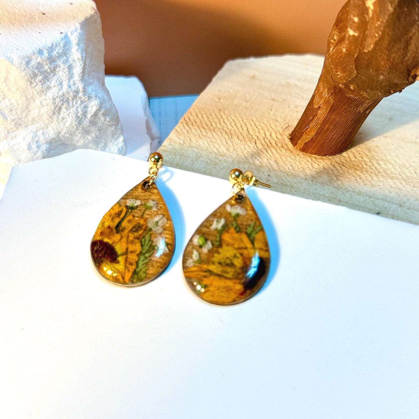 Pressed Sunflower Earrings: Wooden Teardrop Resin Jewelry