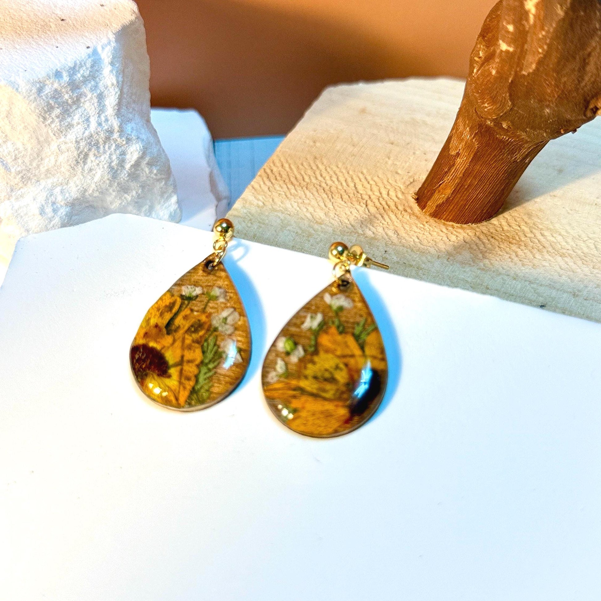Pressed Sunflower Earrings: Wooden Teardrop Resin Jewelry