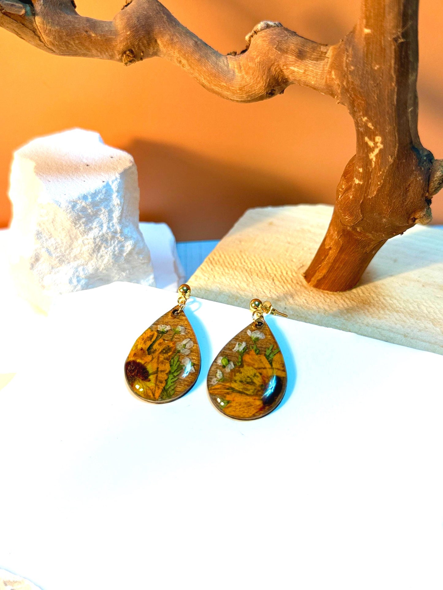 Pressed Sunflower Earrings: Wooden Teardrop Resin Jewelry