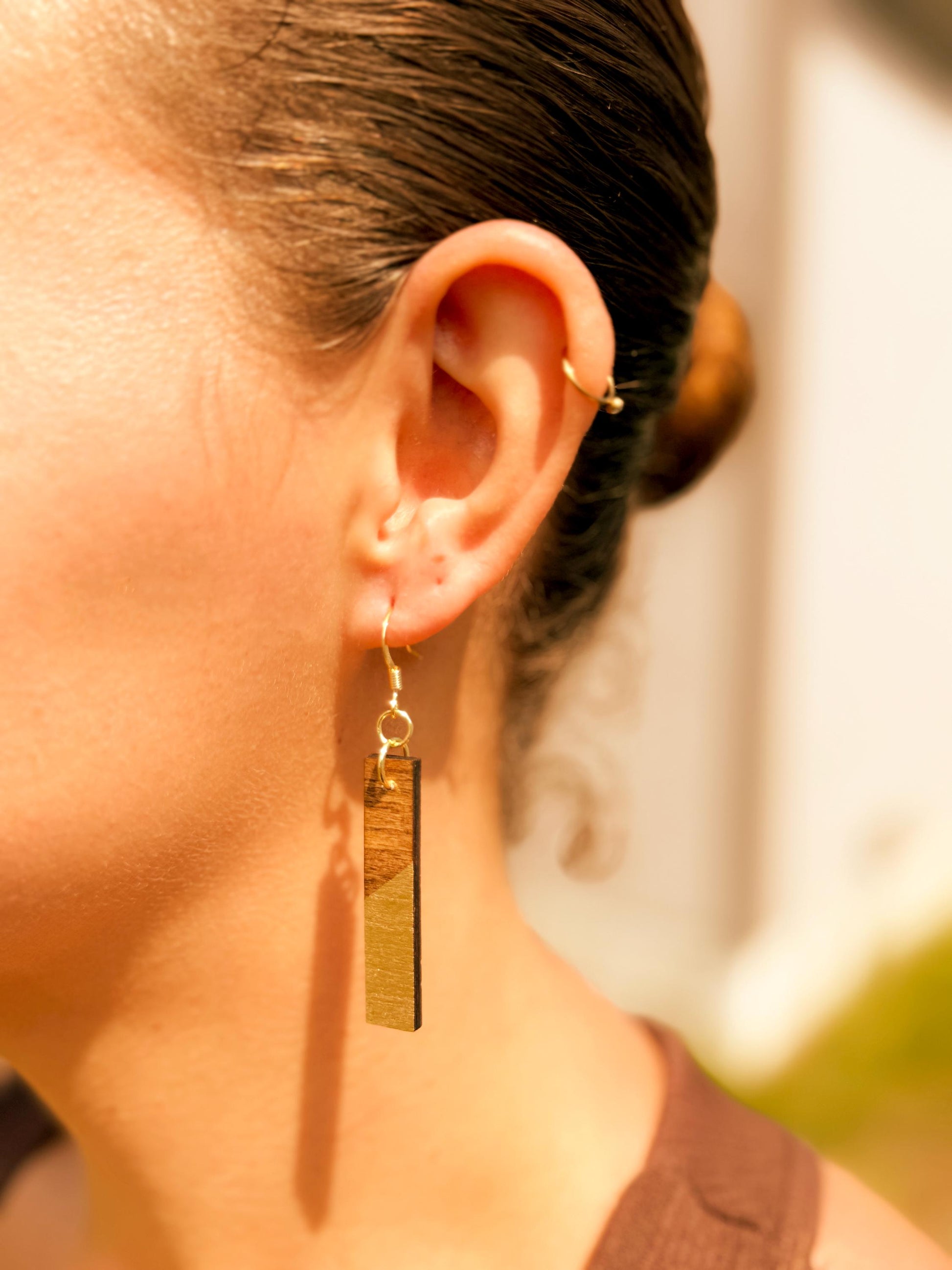 Wood Dangle Earrings: Gold Accent, Geometric Handmade Jewelry