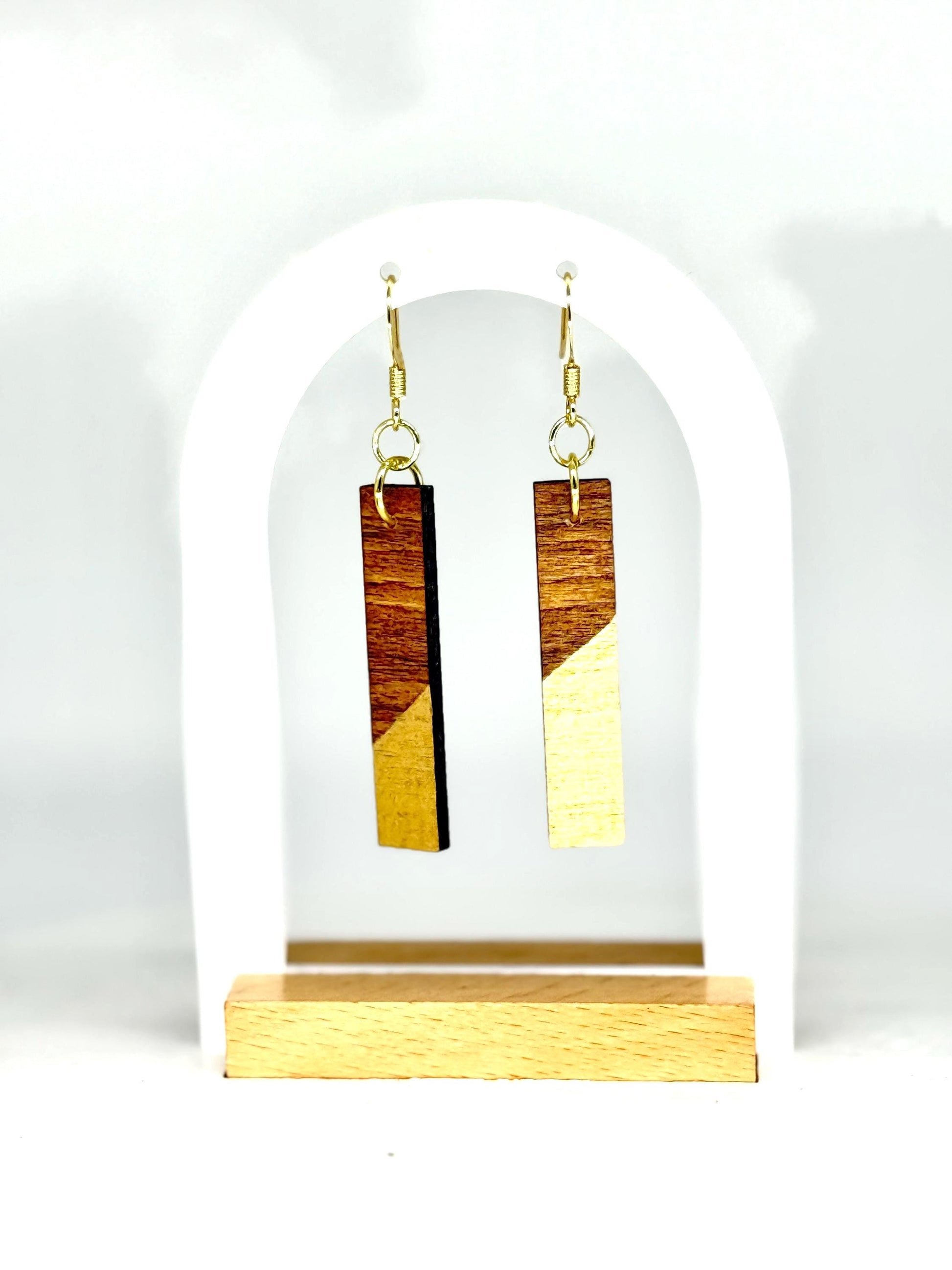 Wood Dangle Earrings: Gold Accent, Geometric Handmade Jewelry