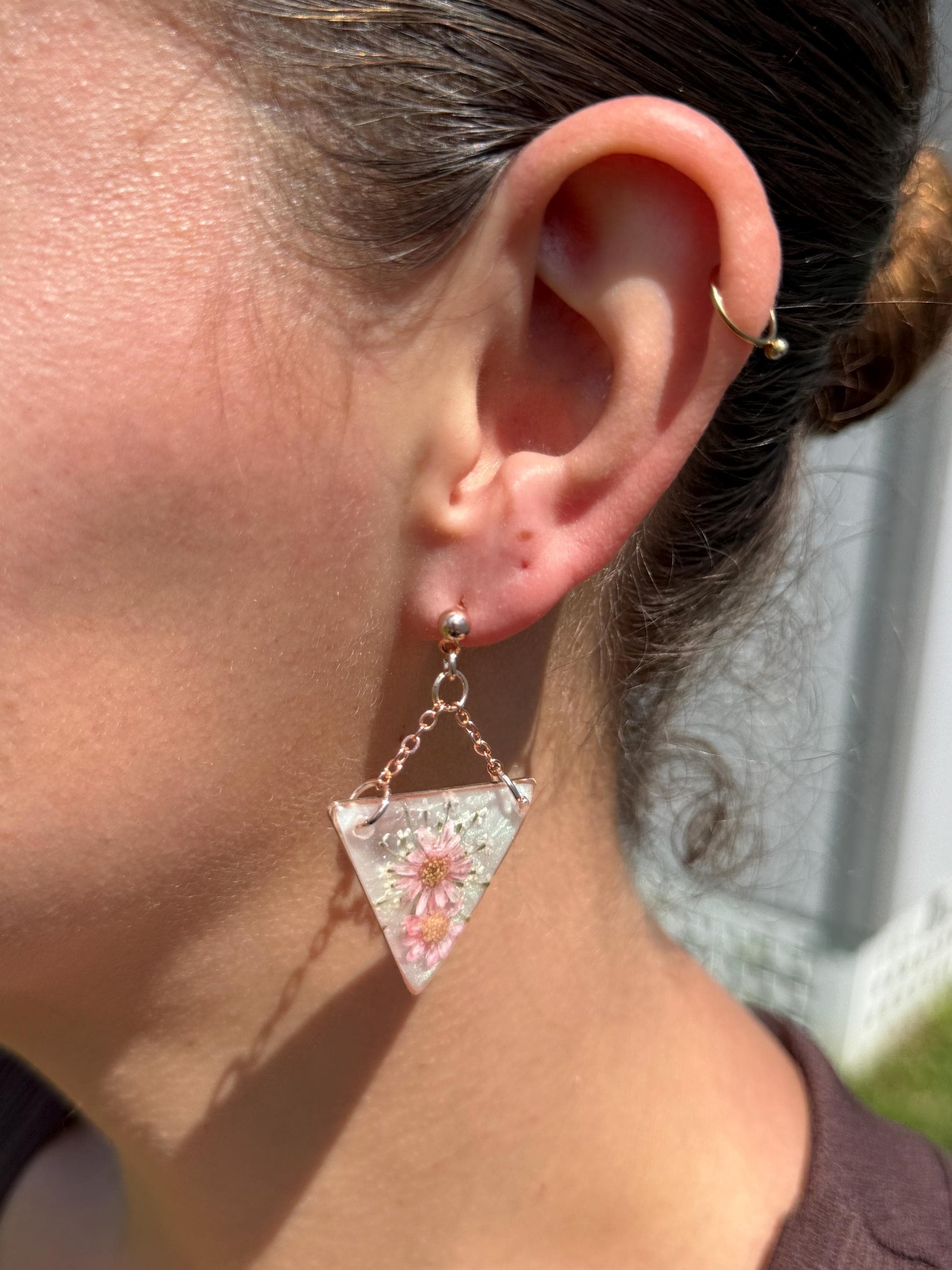 Rose Gold Resin Earrings: Pressed Flower Triangle Dangles