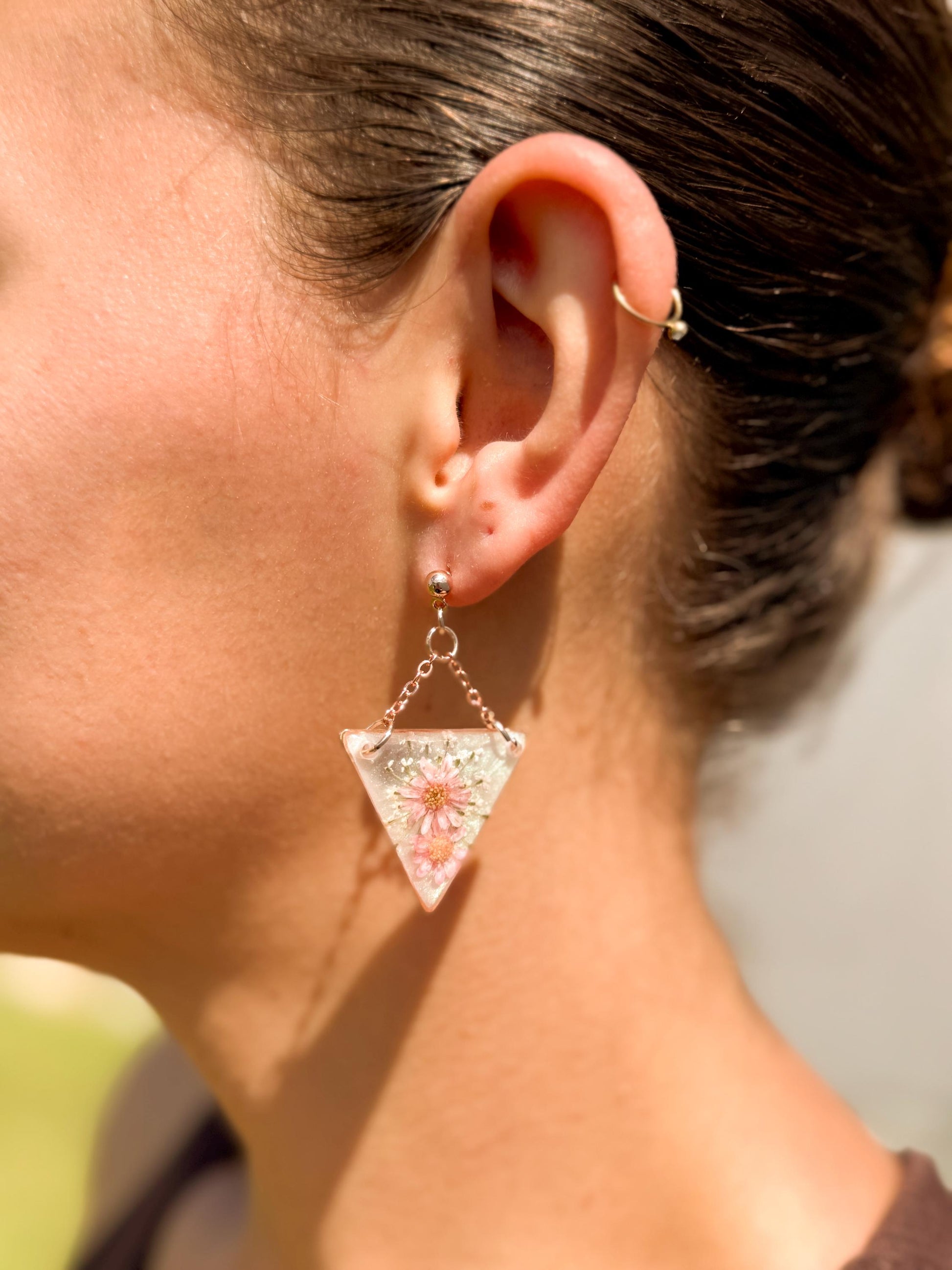 Rose Gold Resin Earrings: Pressed Flower Triangle Dangles