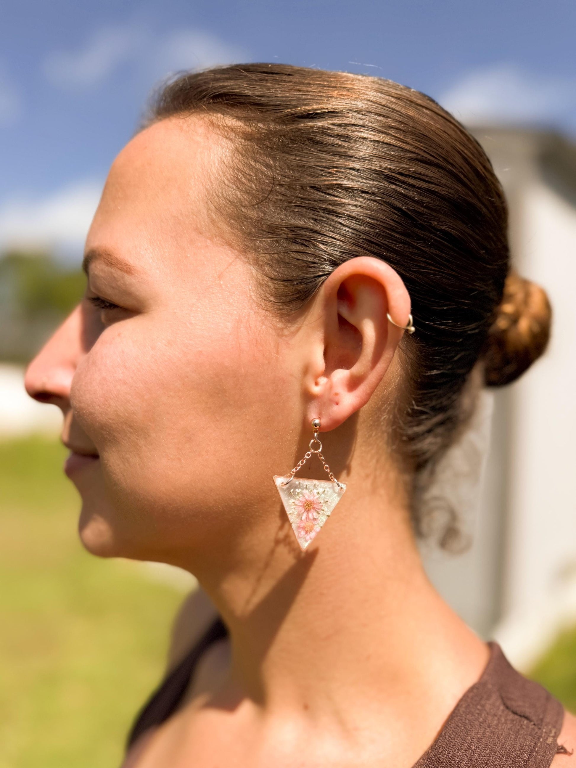 Rose Gold Resin Earrings: Pressed Flower Triangle Dangles