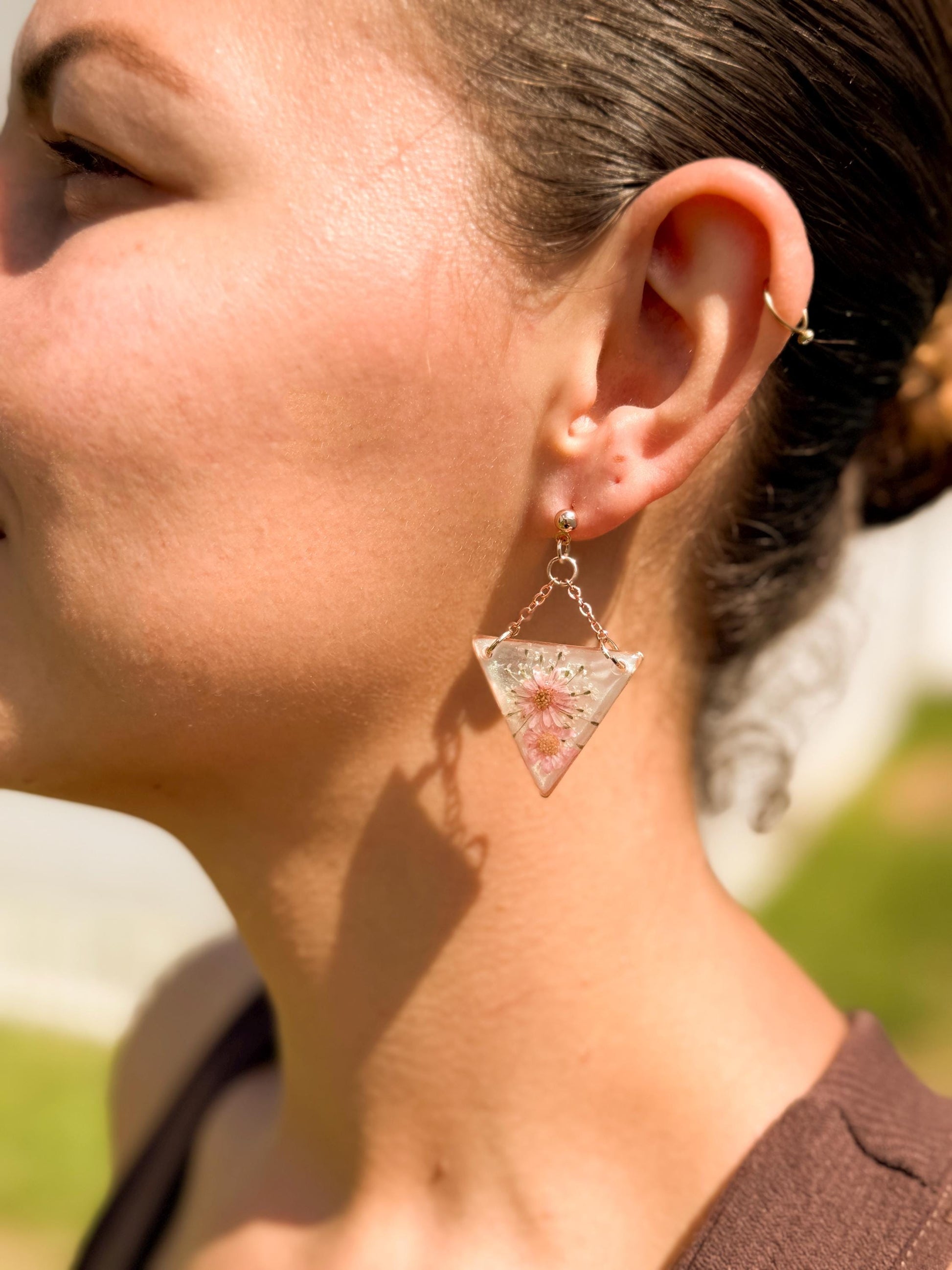 Rose Gold Resin Earrings: Pressed Flower Triangle Dangles