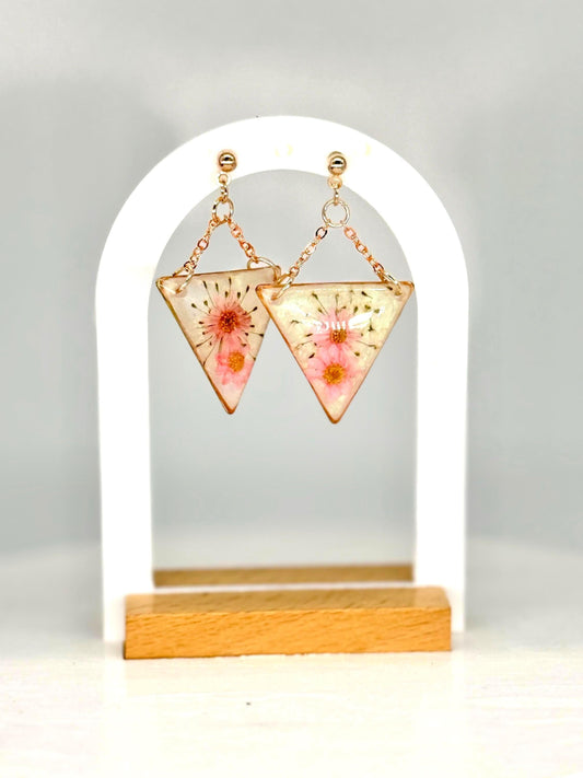 Rose Gold Resin Earrings: Pressed Flower Triangle Dangles