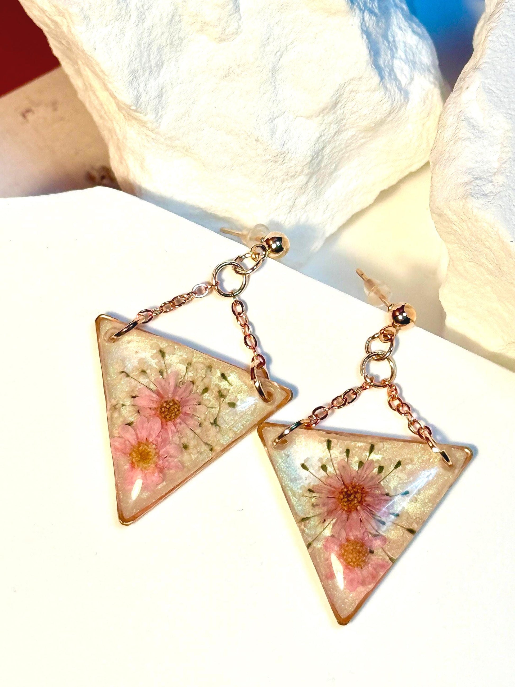 Rose Gold Resin Earrings: Pressed Flower Triangle Dangles