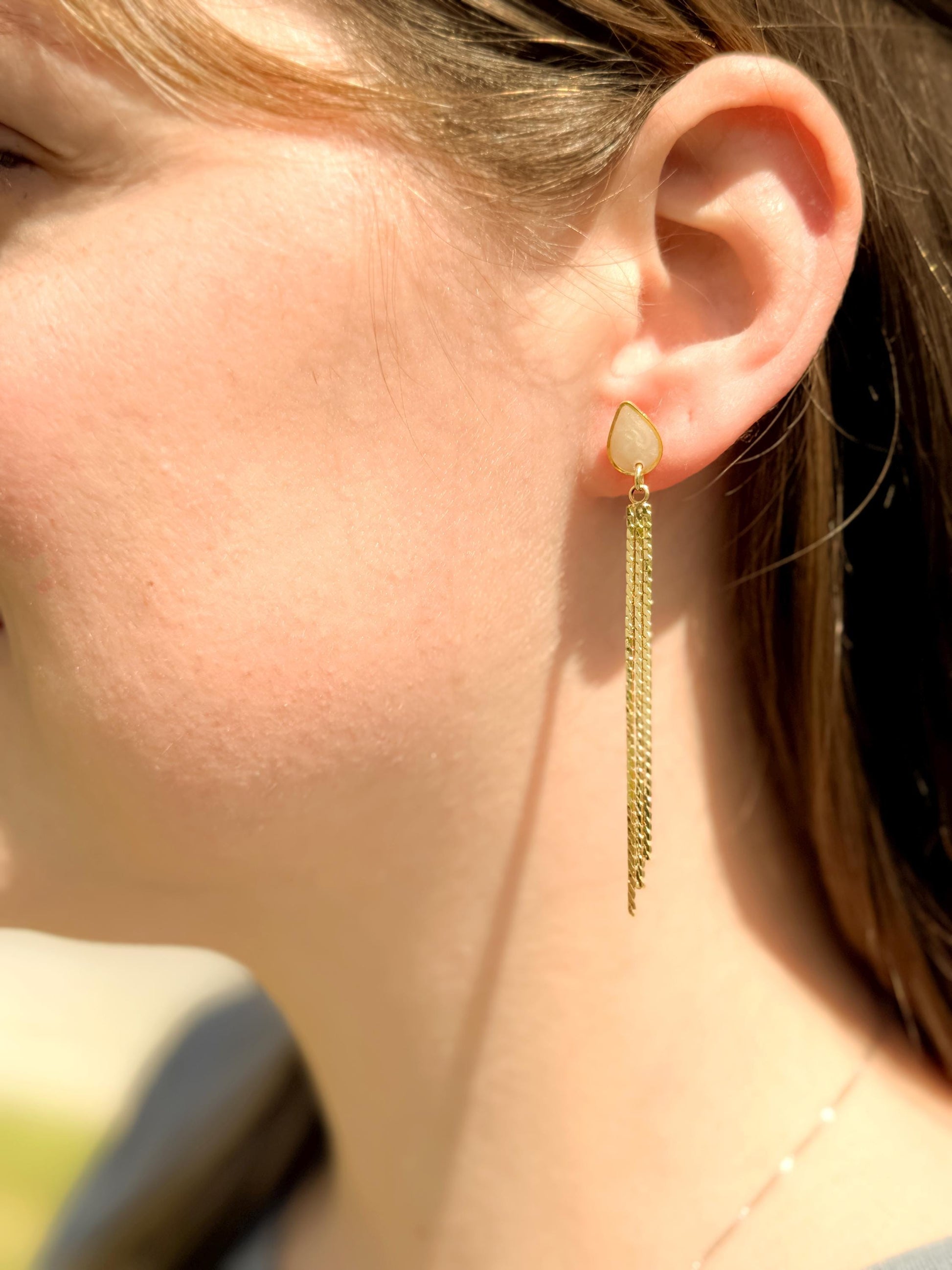 Handmade Gold Tassel Earrings: Pearlescent Resin Teardrop Dangle