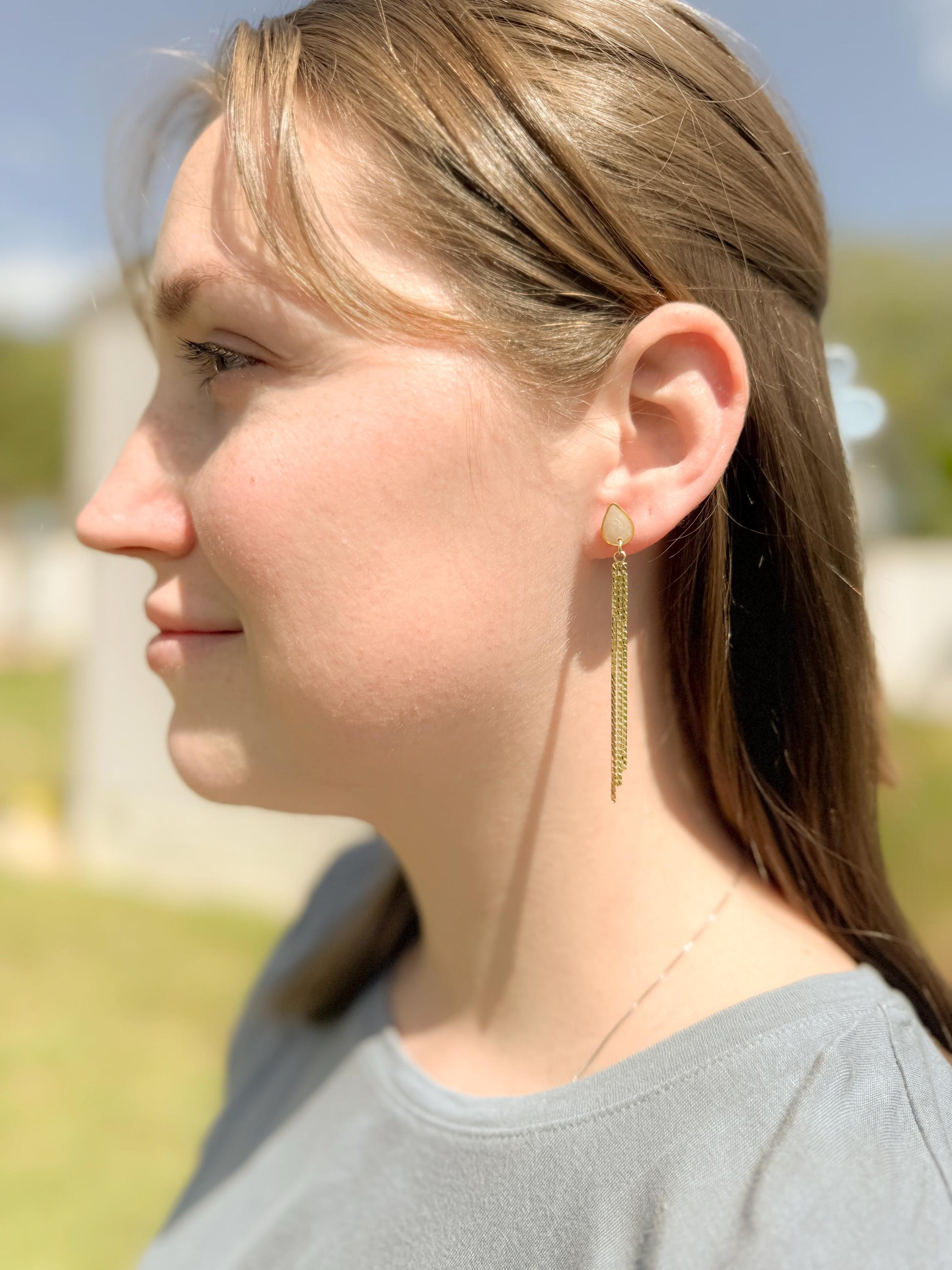 Handmade Gold Tassel Earrings: Pearlescent Resin Teardrop Dangle