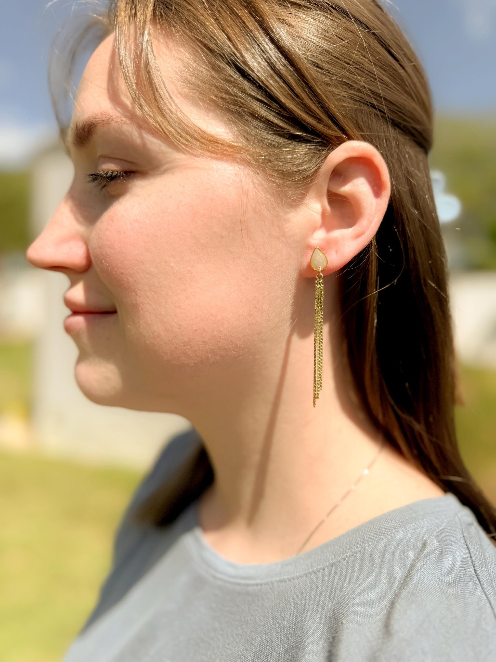Handmade Gold Tassel Earrings: Pearlescent Resin Teardrop Dangle