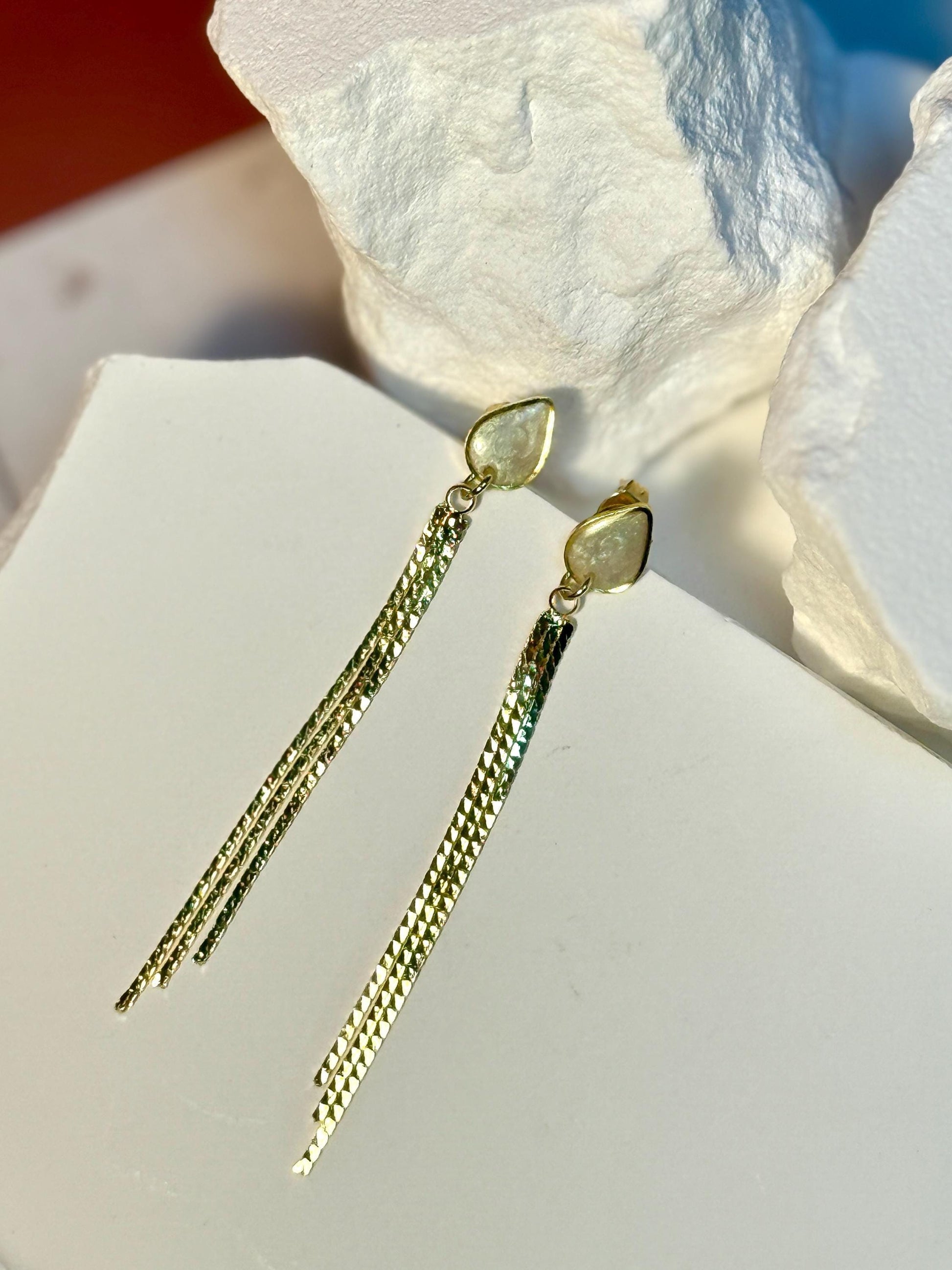 Handmade Gold Tassel Earrings: Pearlescent Resin Teardrop Dangle