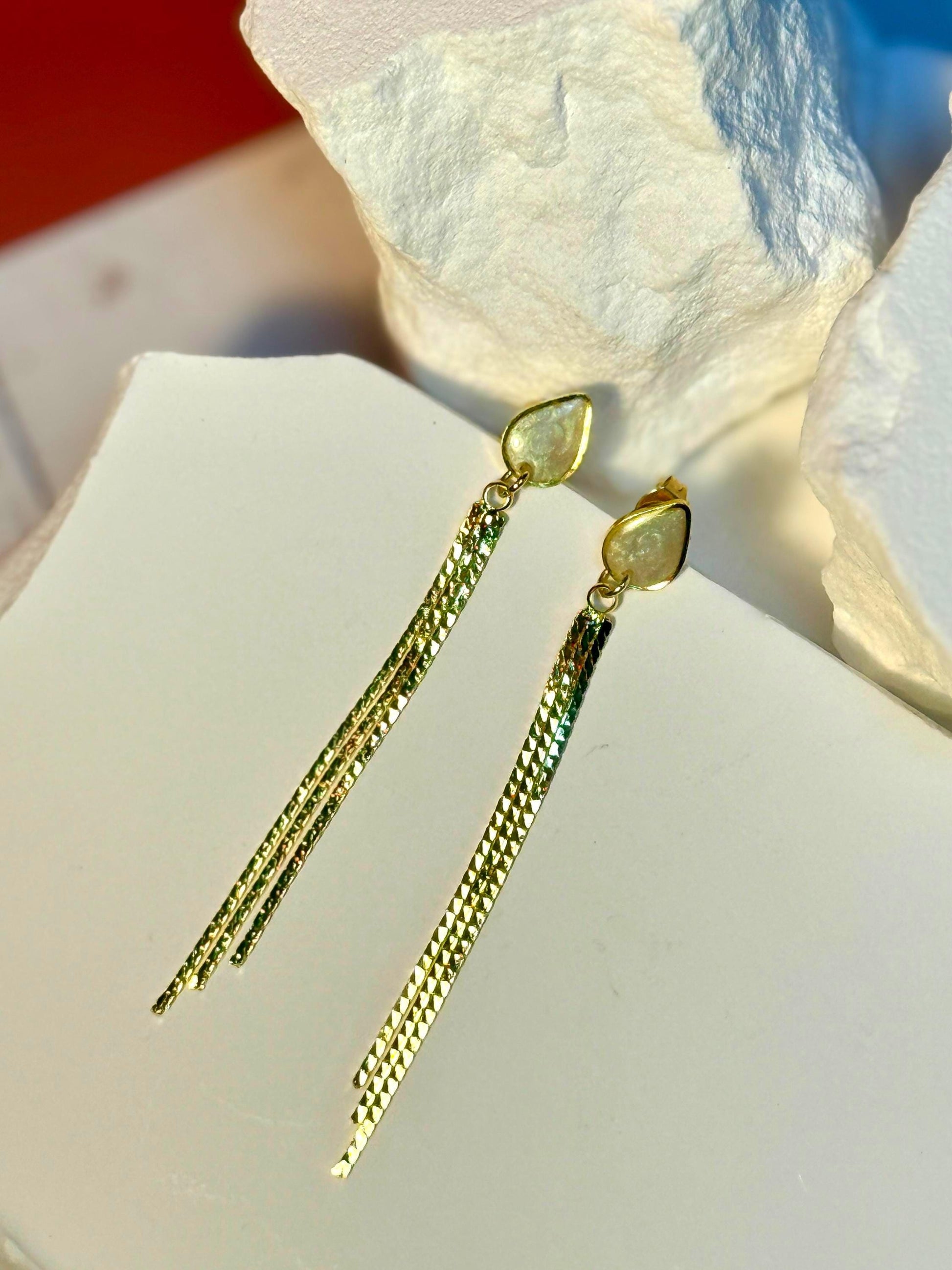 Handmade Gold Tassel Earrings: Pearlescent Resin Teardrop Dangle