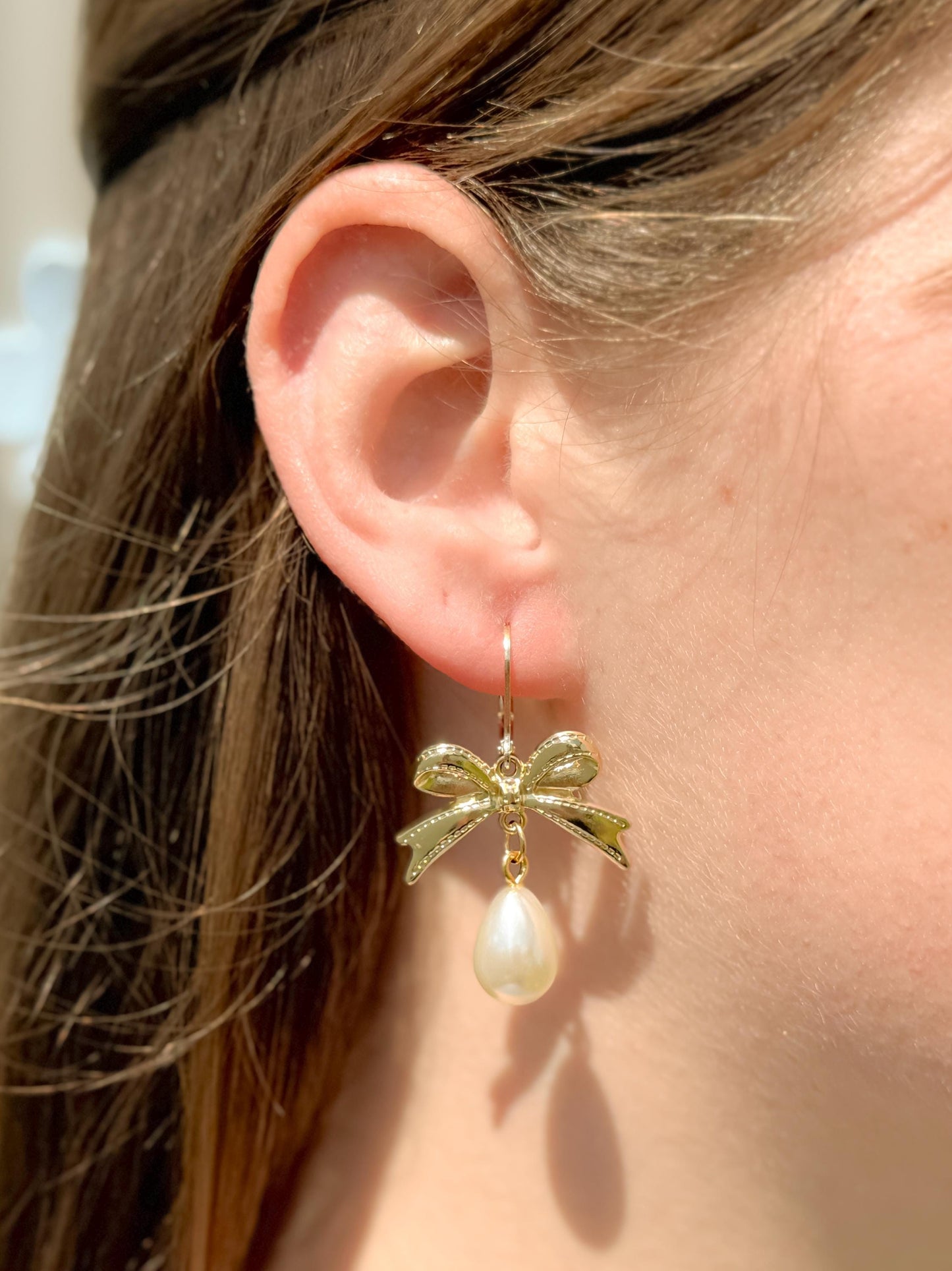 Pearl Drop Earrings: Gold Bow Bridal Jewelry