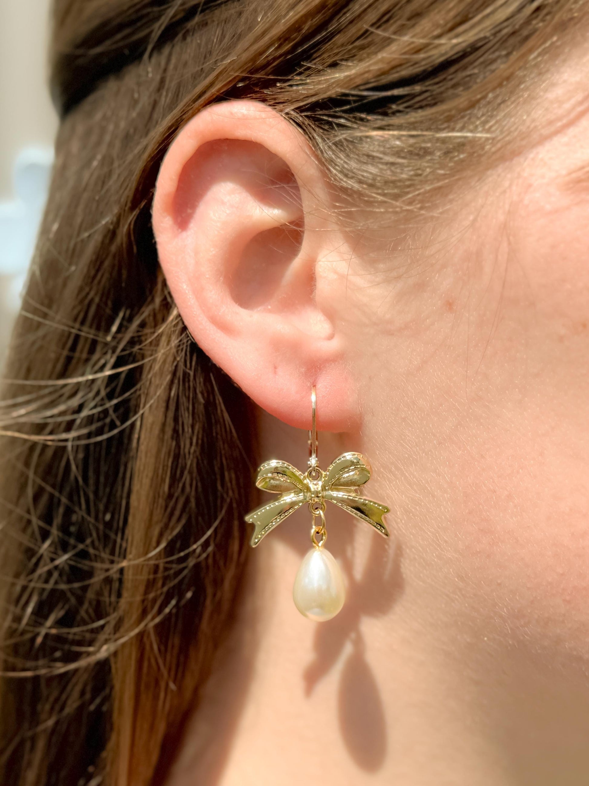 Pearl Drop Earrings: Gold Bow Bridal Jewelry
