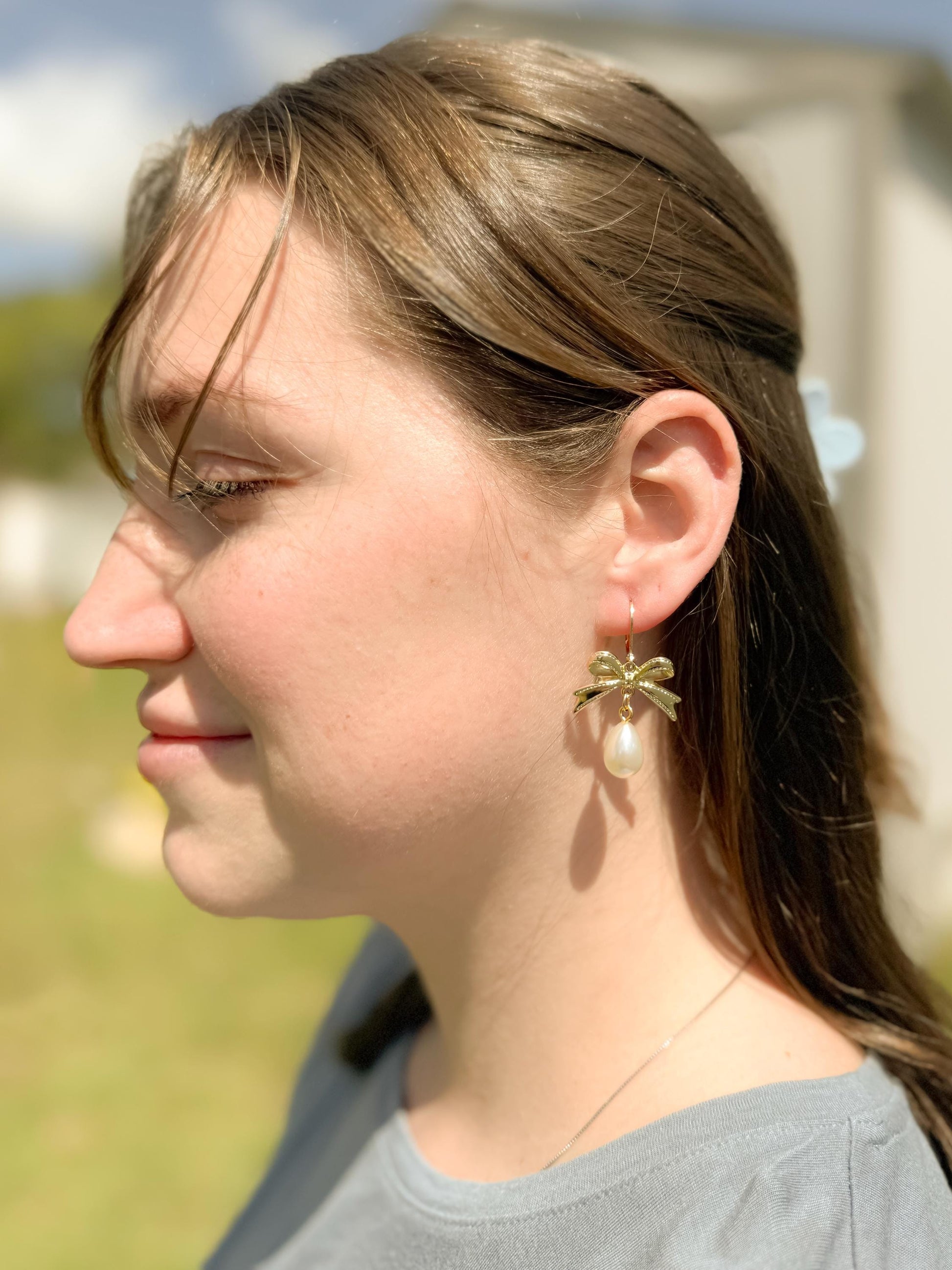 Pearl Drop Earrings: Gold Bow Bridal Jewelry