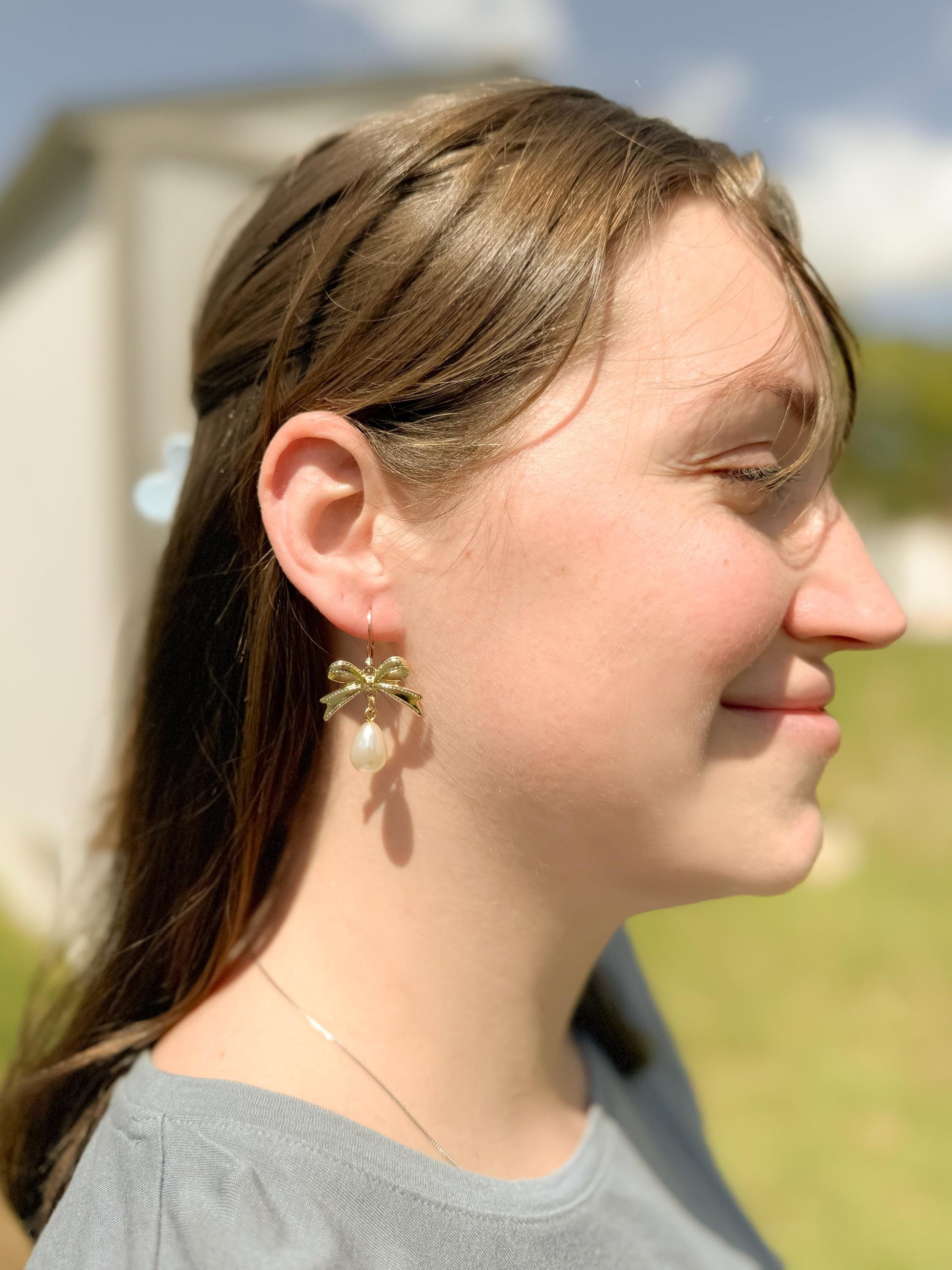 Pearl Drop Earrings: Gold Bow Bridal Jewelry