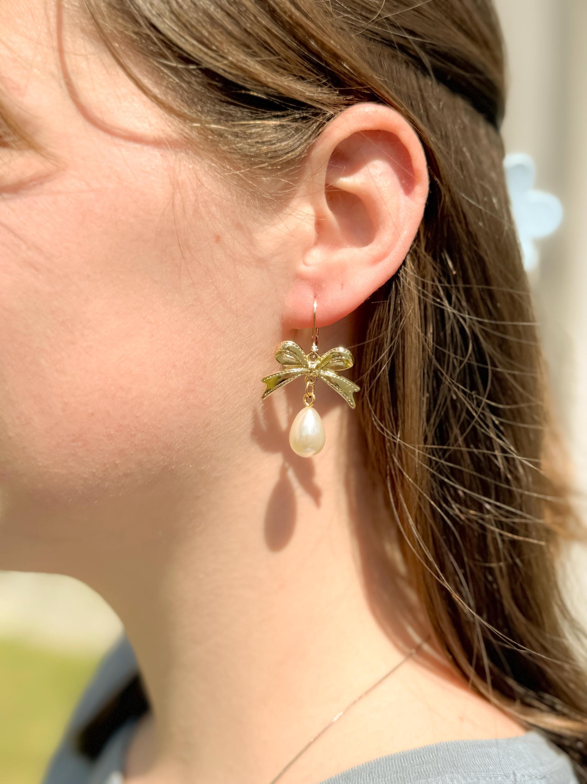 Pearl Drop Earrings: Gold Bow Bridal Jewelry