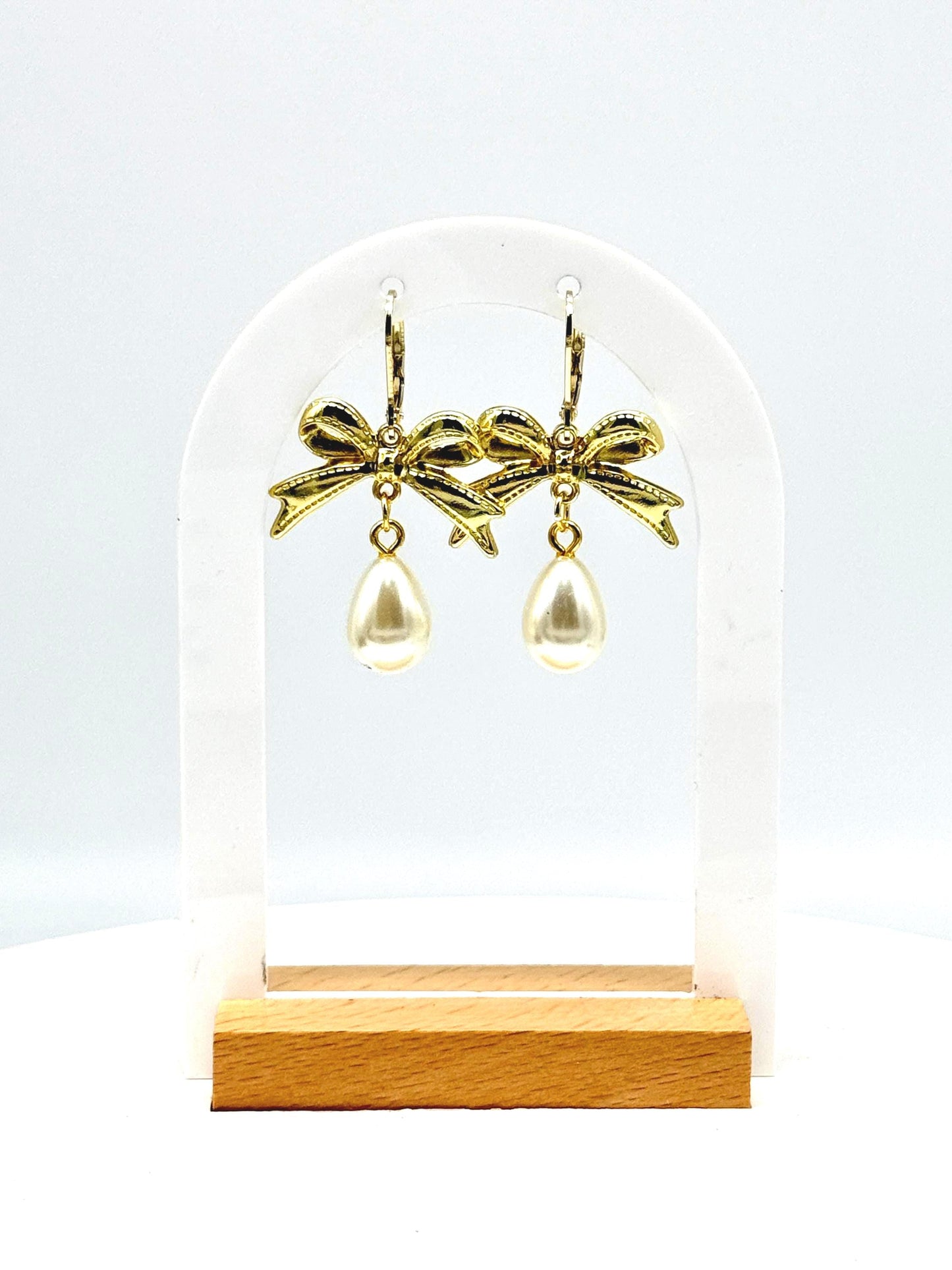 Pearl Drop Earrings: Gold Bow Bridal Jewelry