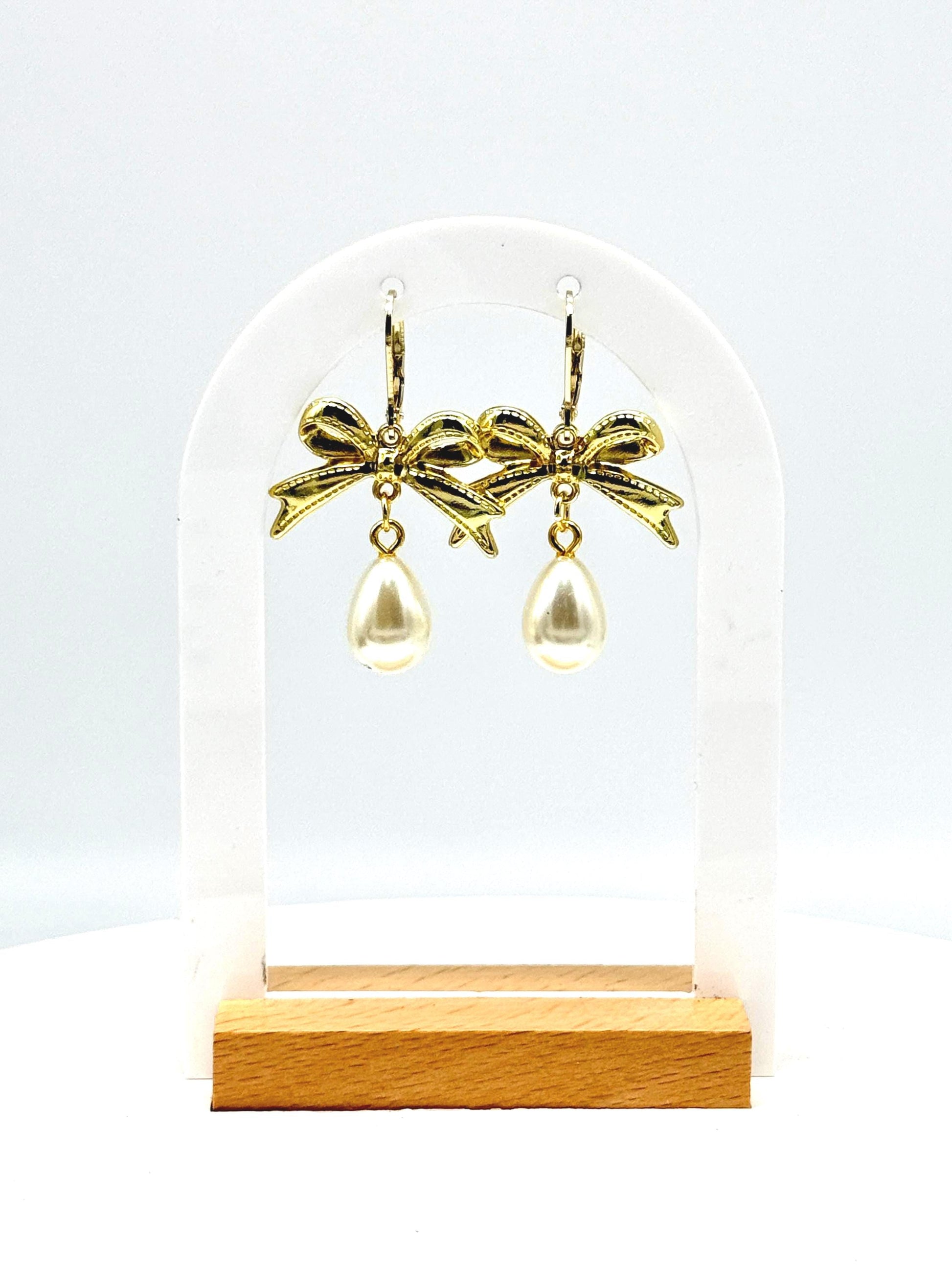 Pearl Drop Earrings: Gold Bow Bridal Jewelry