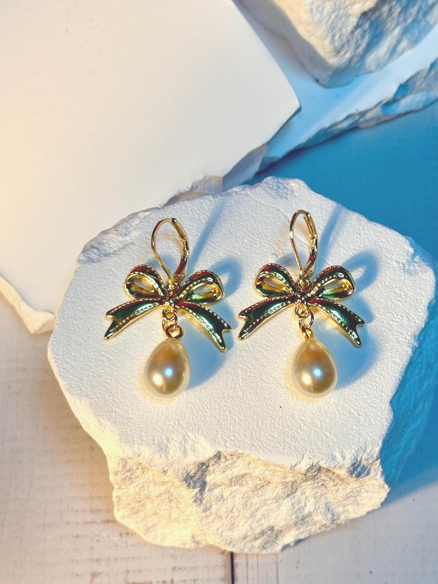 Pearl Drop Earrings: Gold Bow Bridal Jewelry