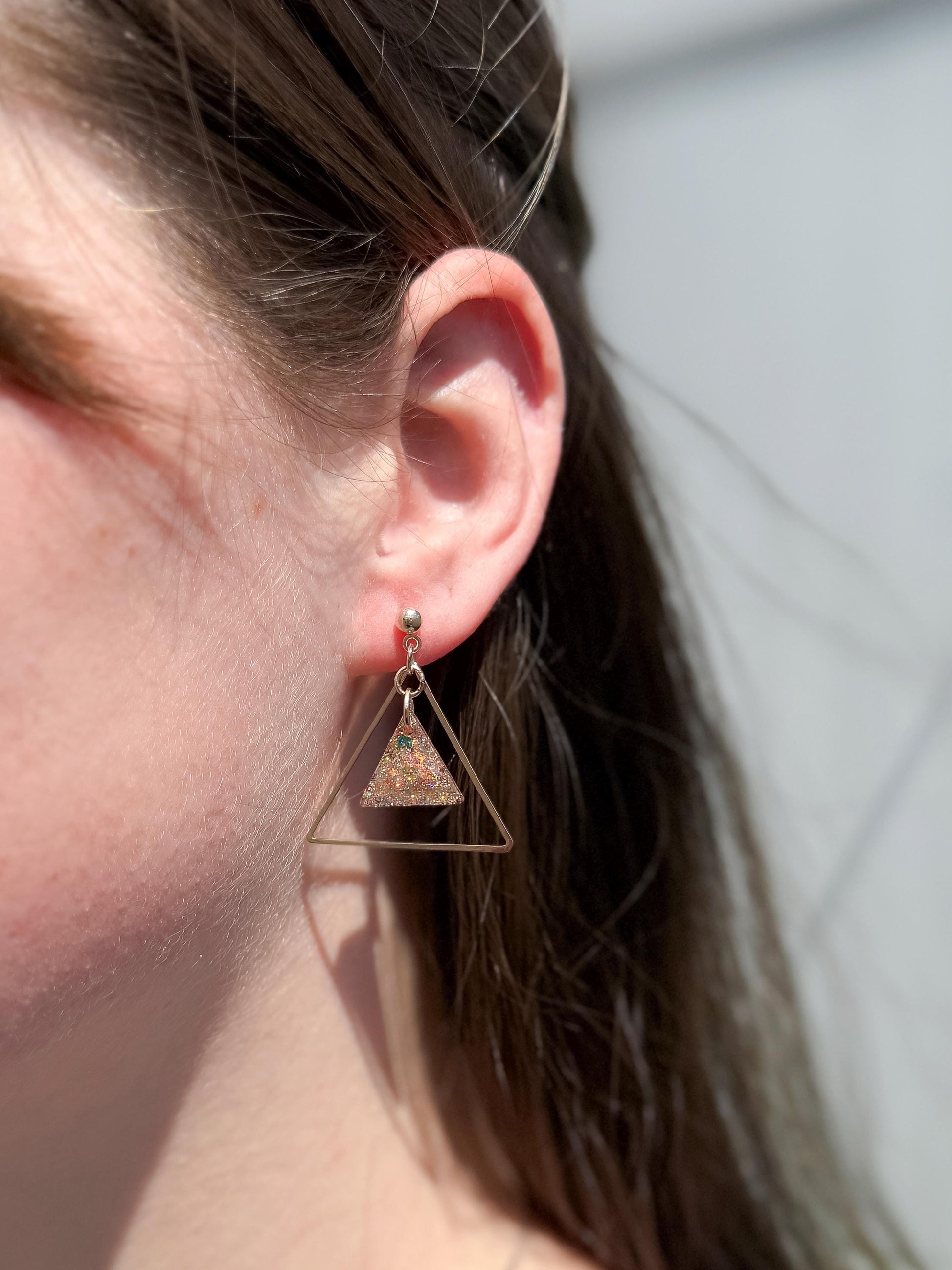 Glitter Resin Triangle Earrings: Gold Confetti Dangle Statement Earrings