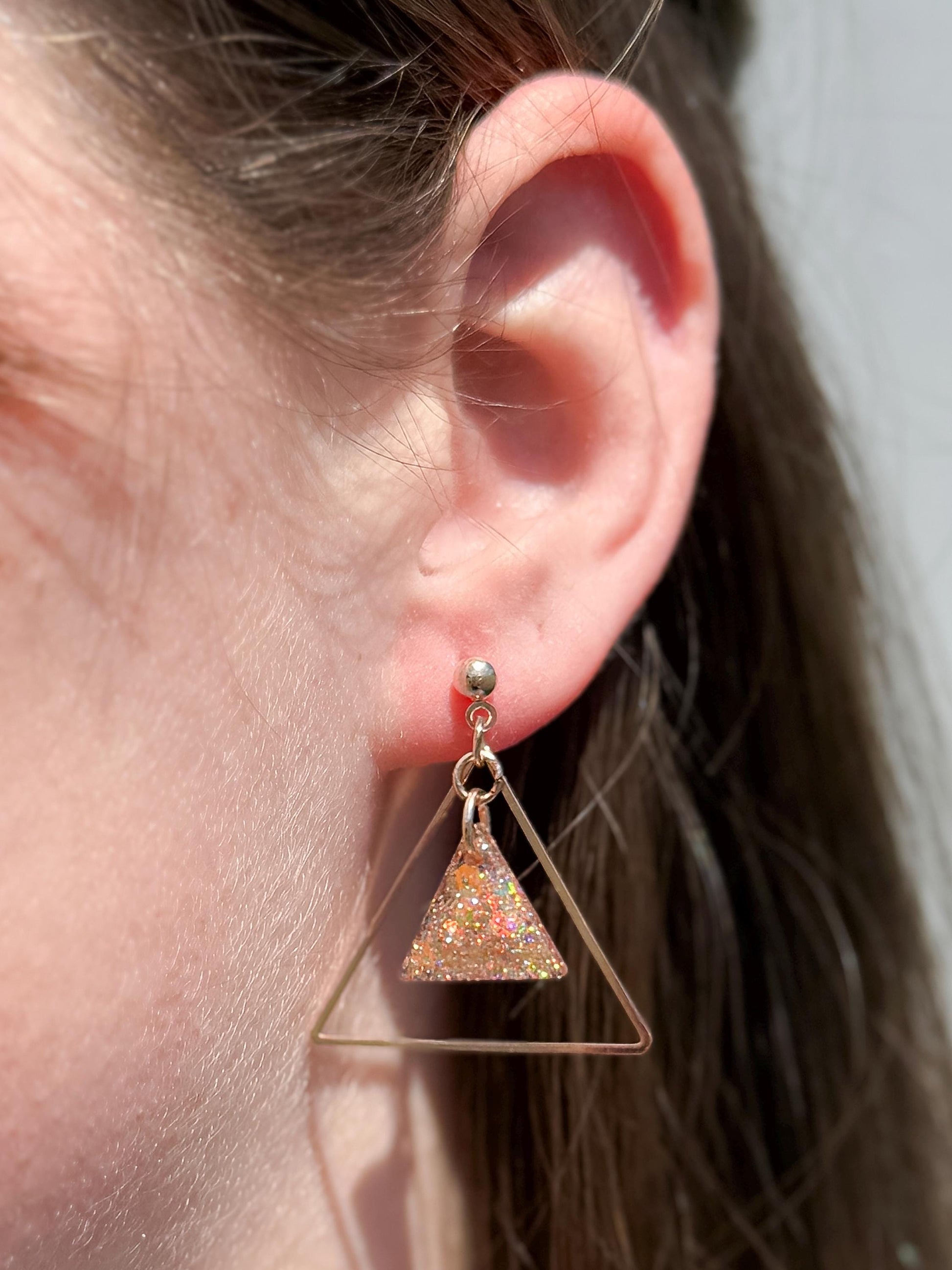Glitter Resin Triangle Earrings: Gold Confetti Dangle Statement Earrings