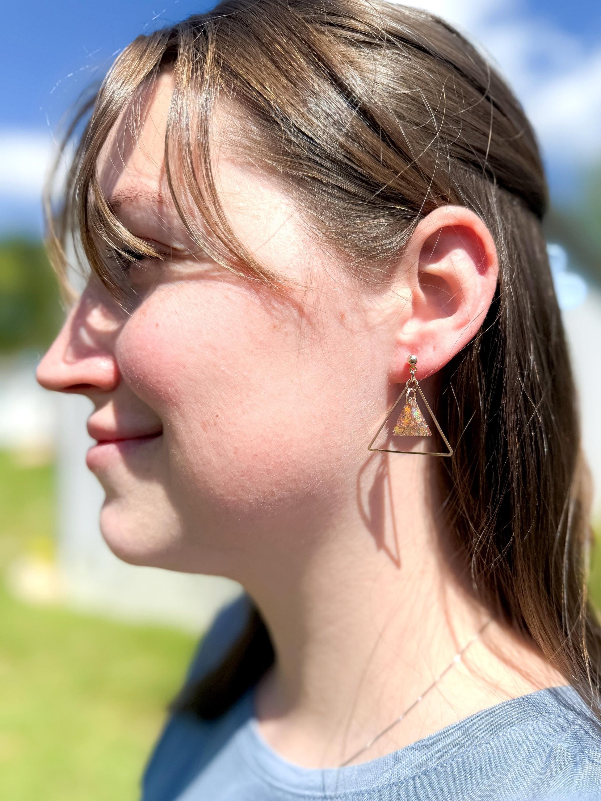 Glitter Resin Triangle Earrings: Gold Confetti Dangle Statement Earrings