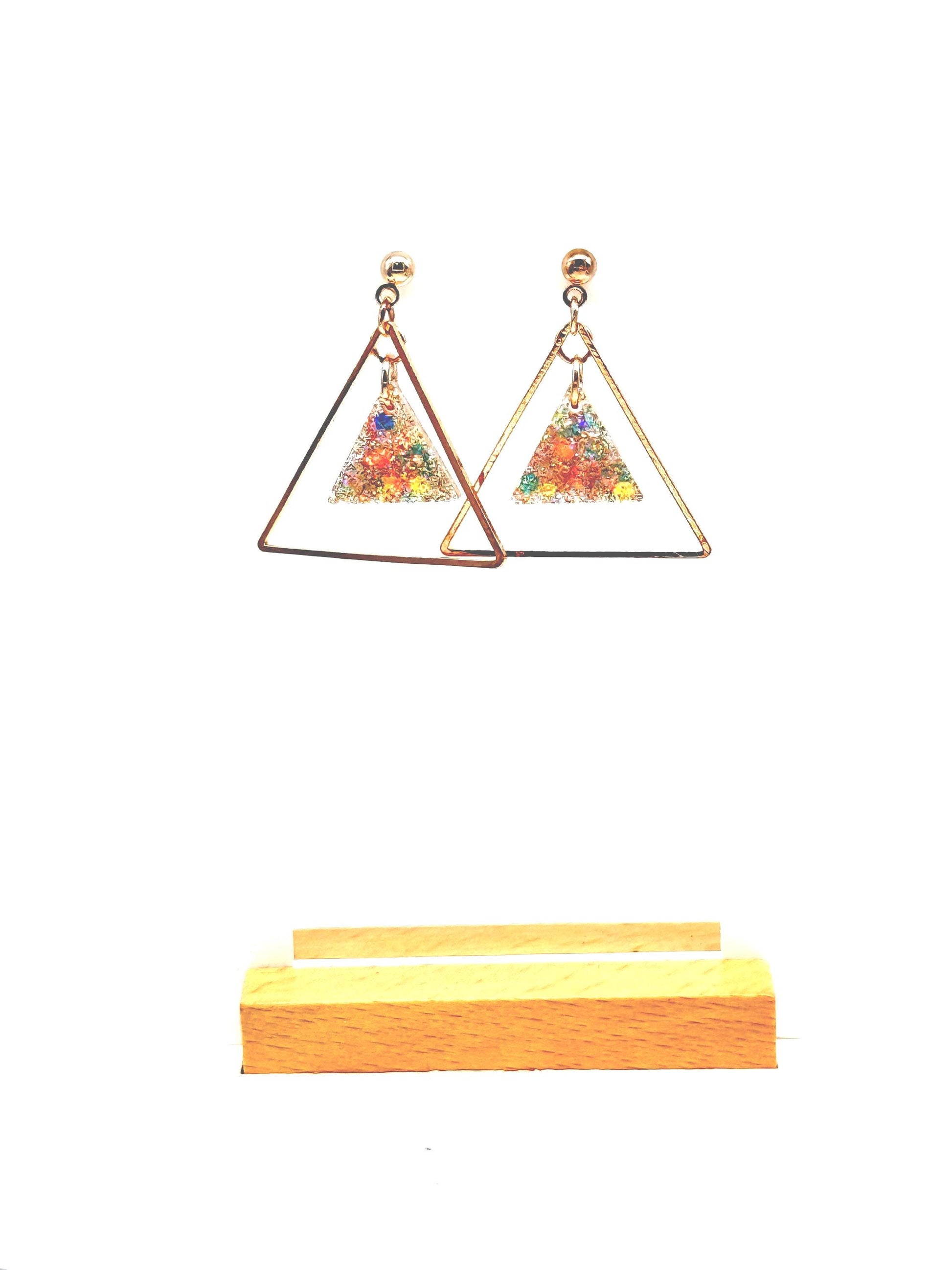 Glitter Resin Triangle Earrings: Gold Confetti Dangle Statement Earrings