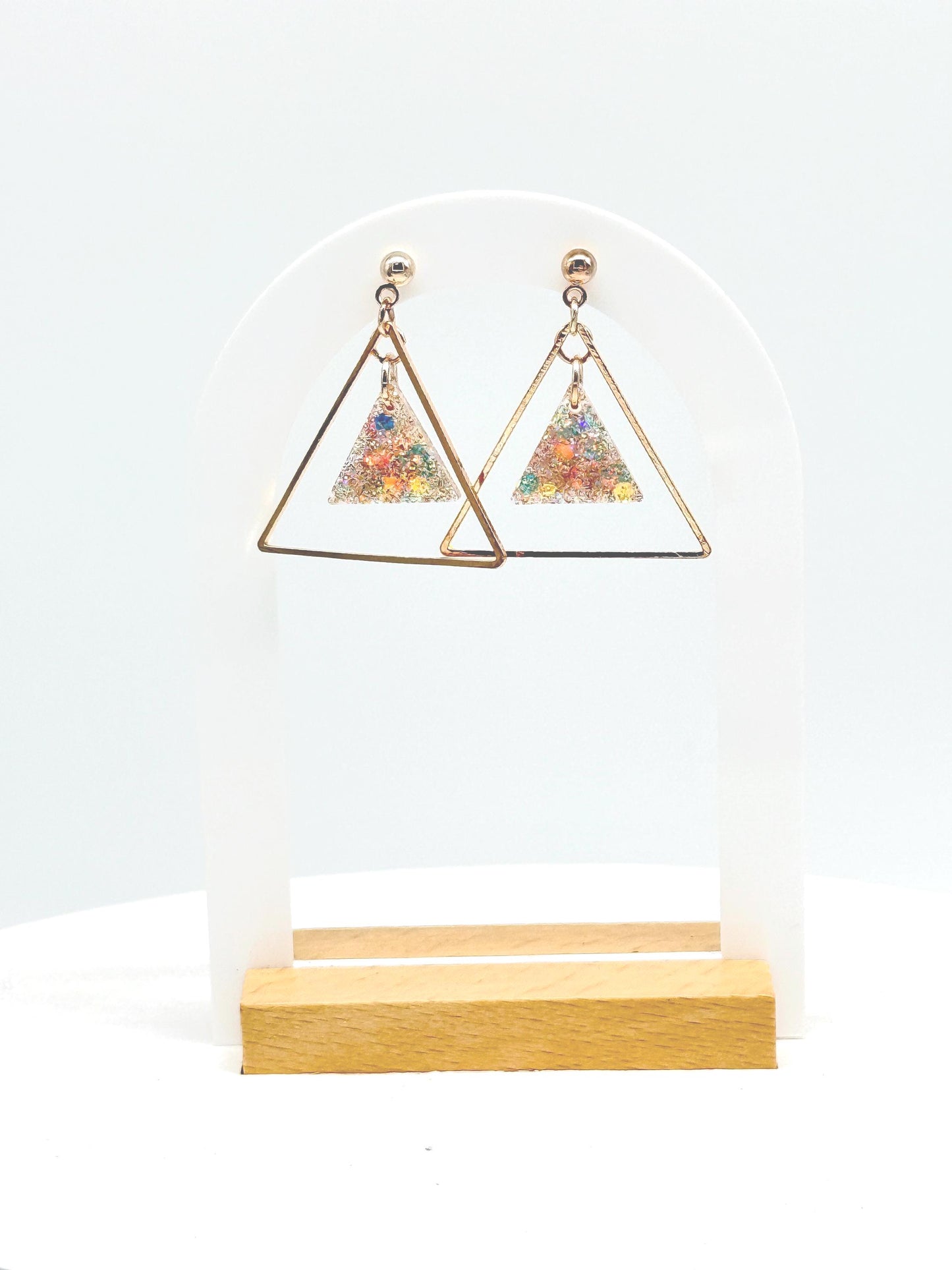 Glitter Resin Triangle Earrings: Gold Confetti Dangle Statement Earrings