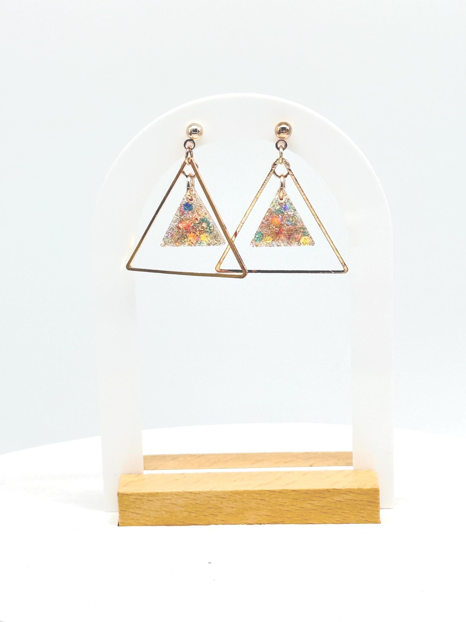 Glitter Resin Triangle Earrings: Gold Confetti Dangle Statement Earrings