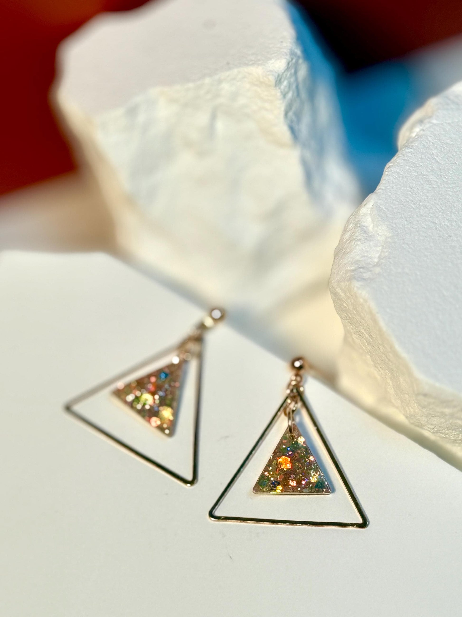 Glitter Resin Triangle Earrings: Gold Confetti Dangle Statement Earrings
