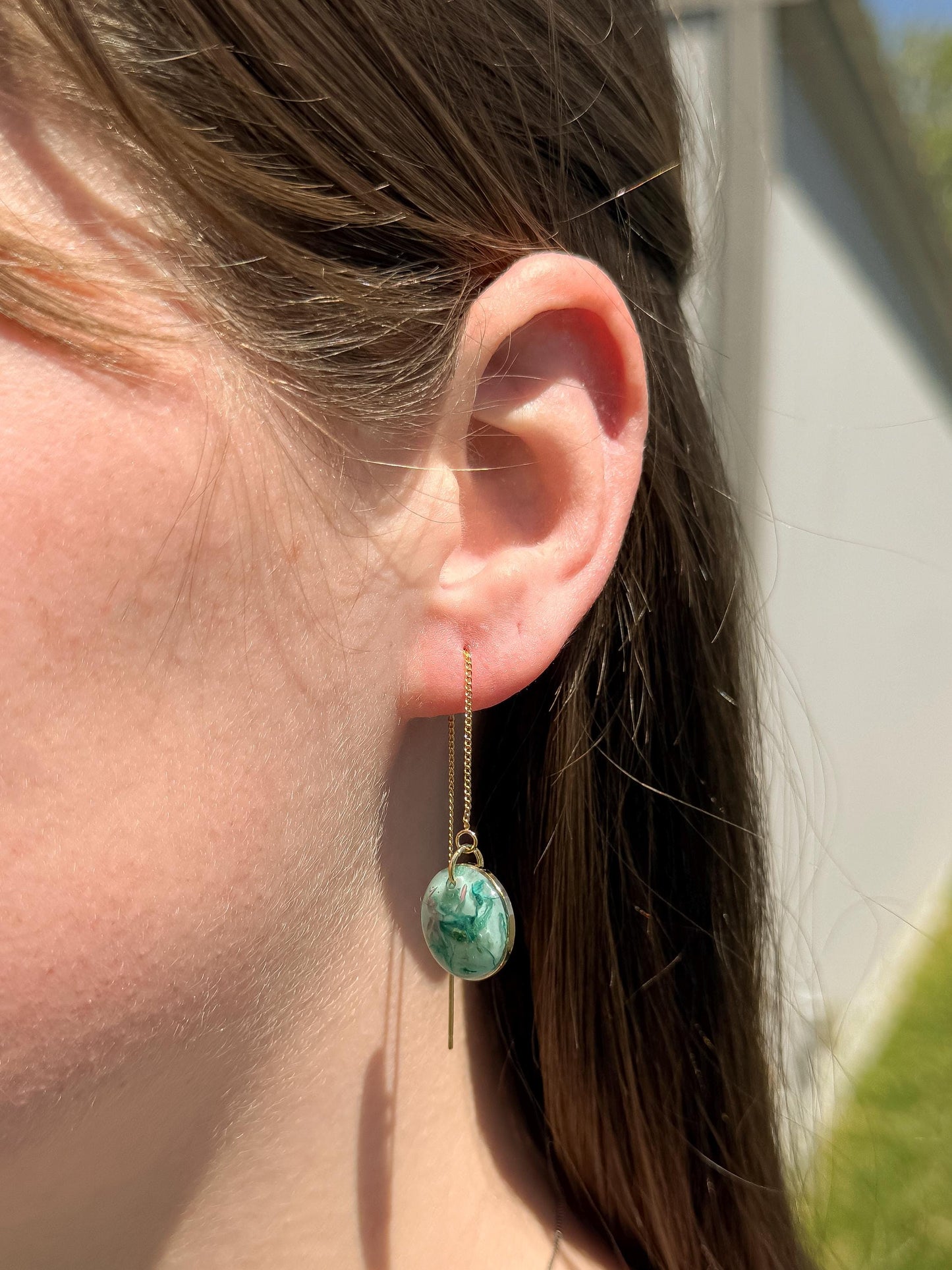 Green Resin Pressed Flower Earrings: Botanical Threader Dangles