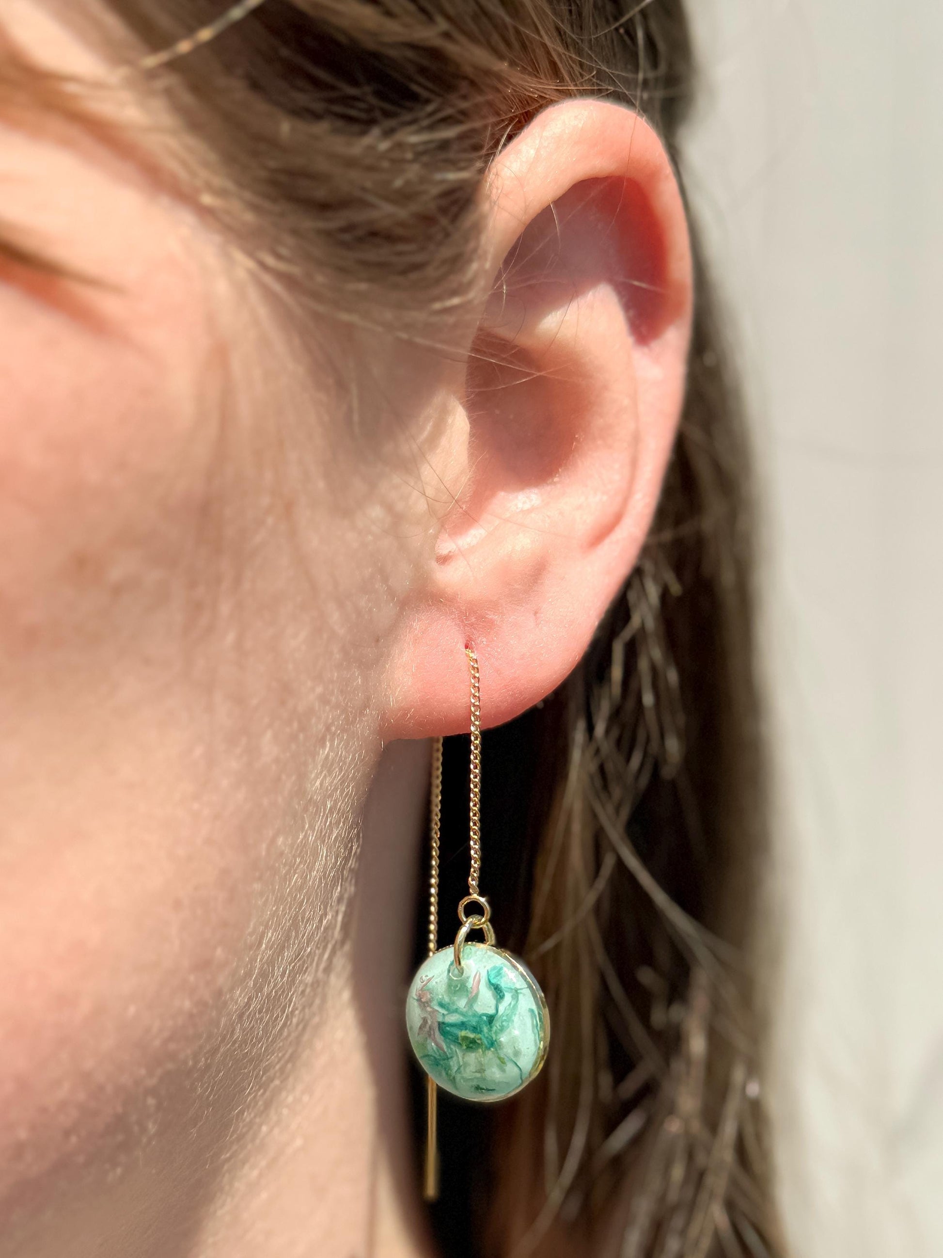 Green Resin Pressed Flower Earrings: Botanical Threader Dangles