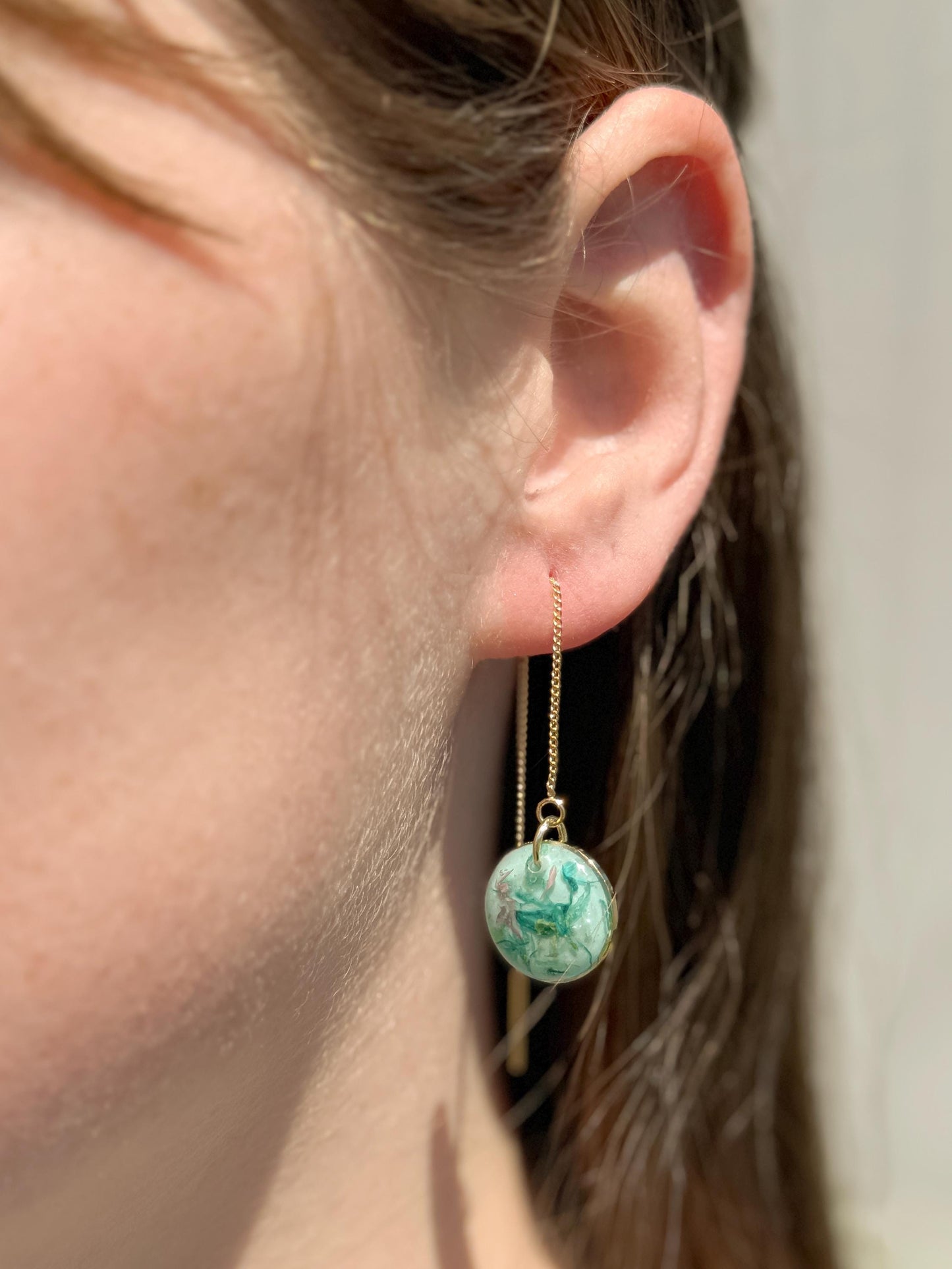Green Resin Pressed Flower Earrings: Botanical Threader Dangles