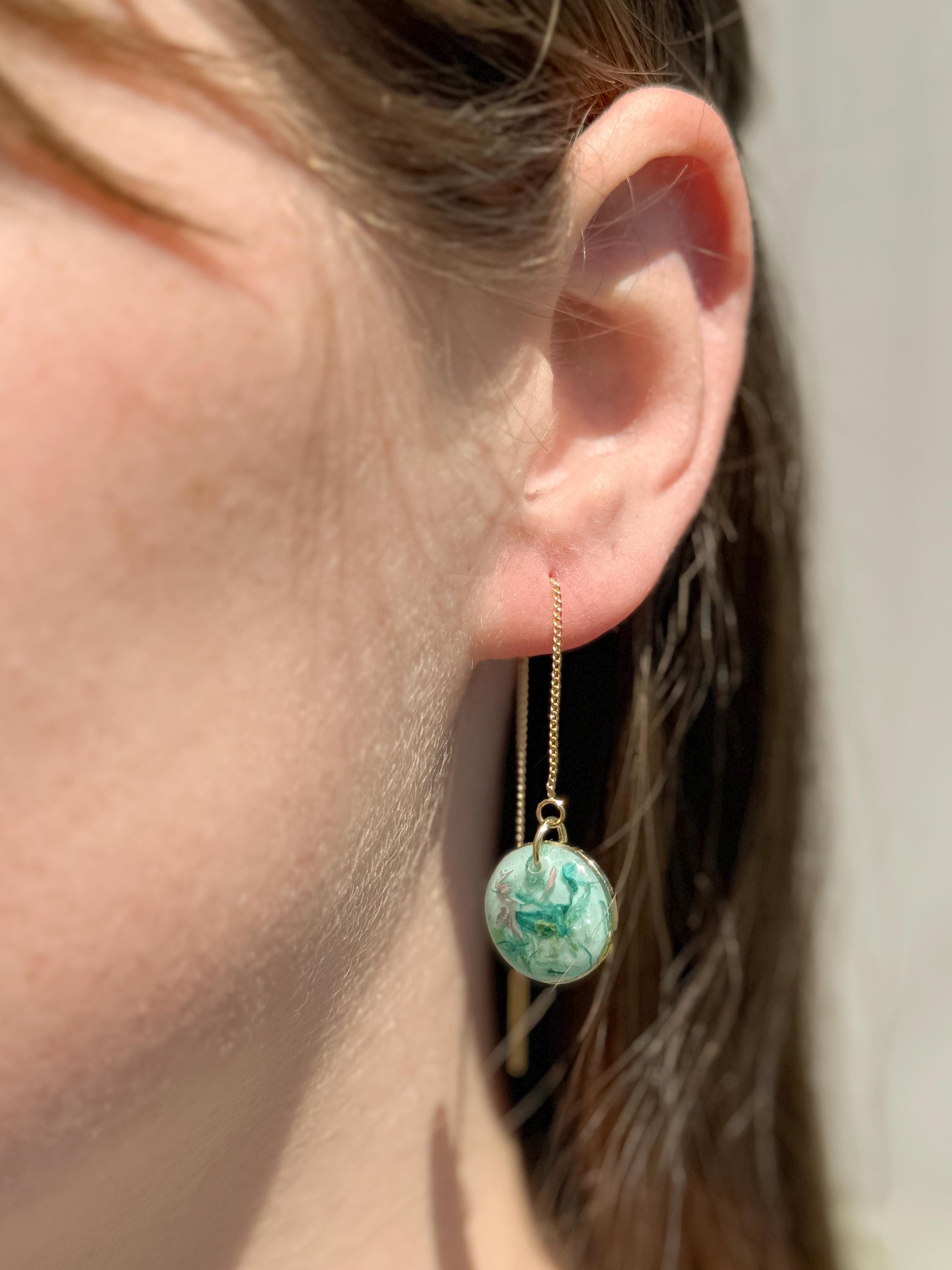 Green Resin Pressed Flower Earrings: Botanical Threader Dangles