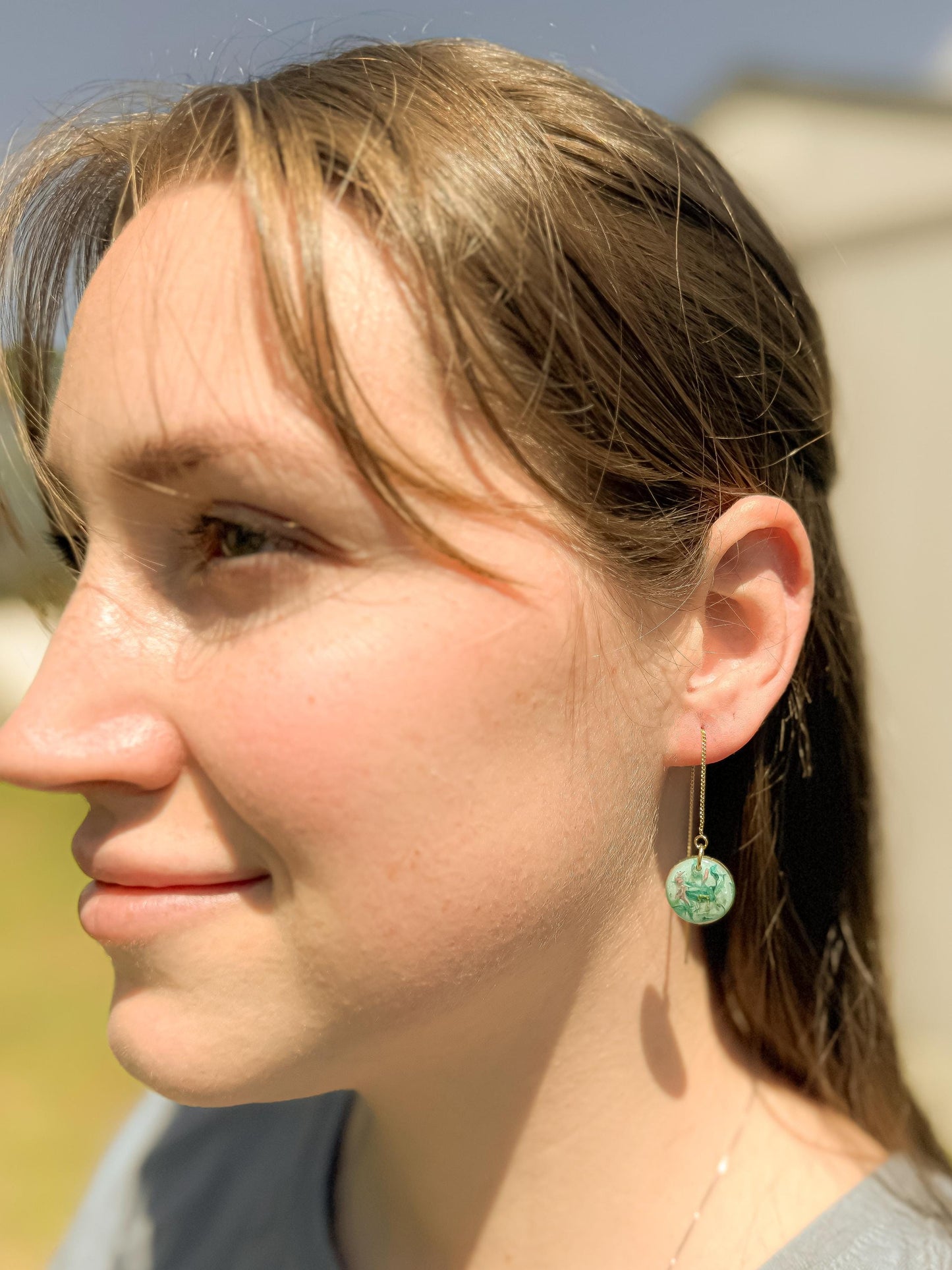 Green Resin Pressed Flower Earrings: Botanical Threader Dangles