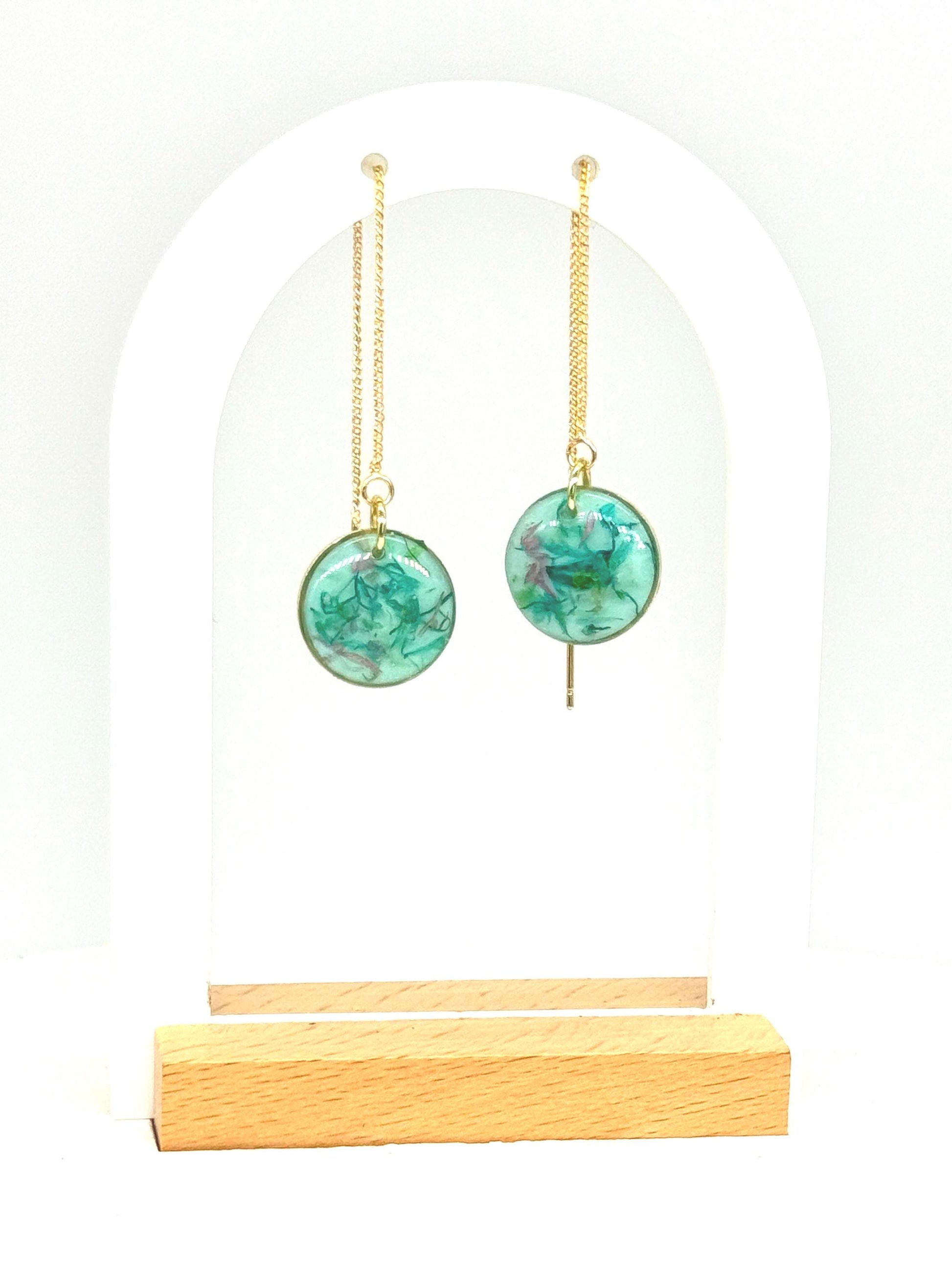 Green Resin Pressed Flower Earrings: Botanical Threader Dangles