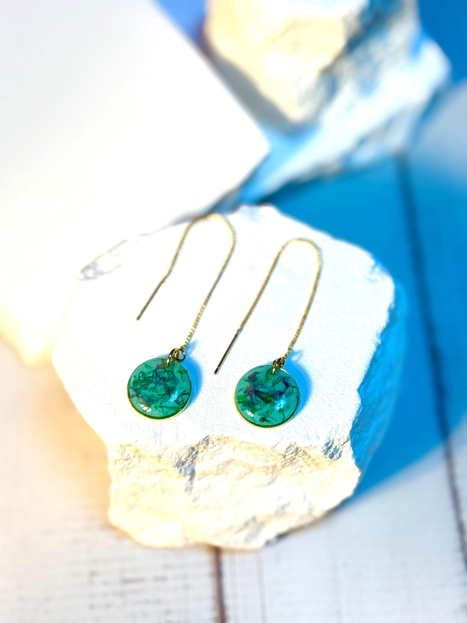Green Resin Pressed Flower Earrings: Botanical Threader Dangles