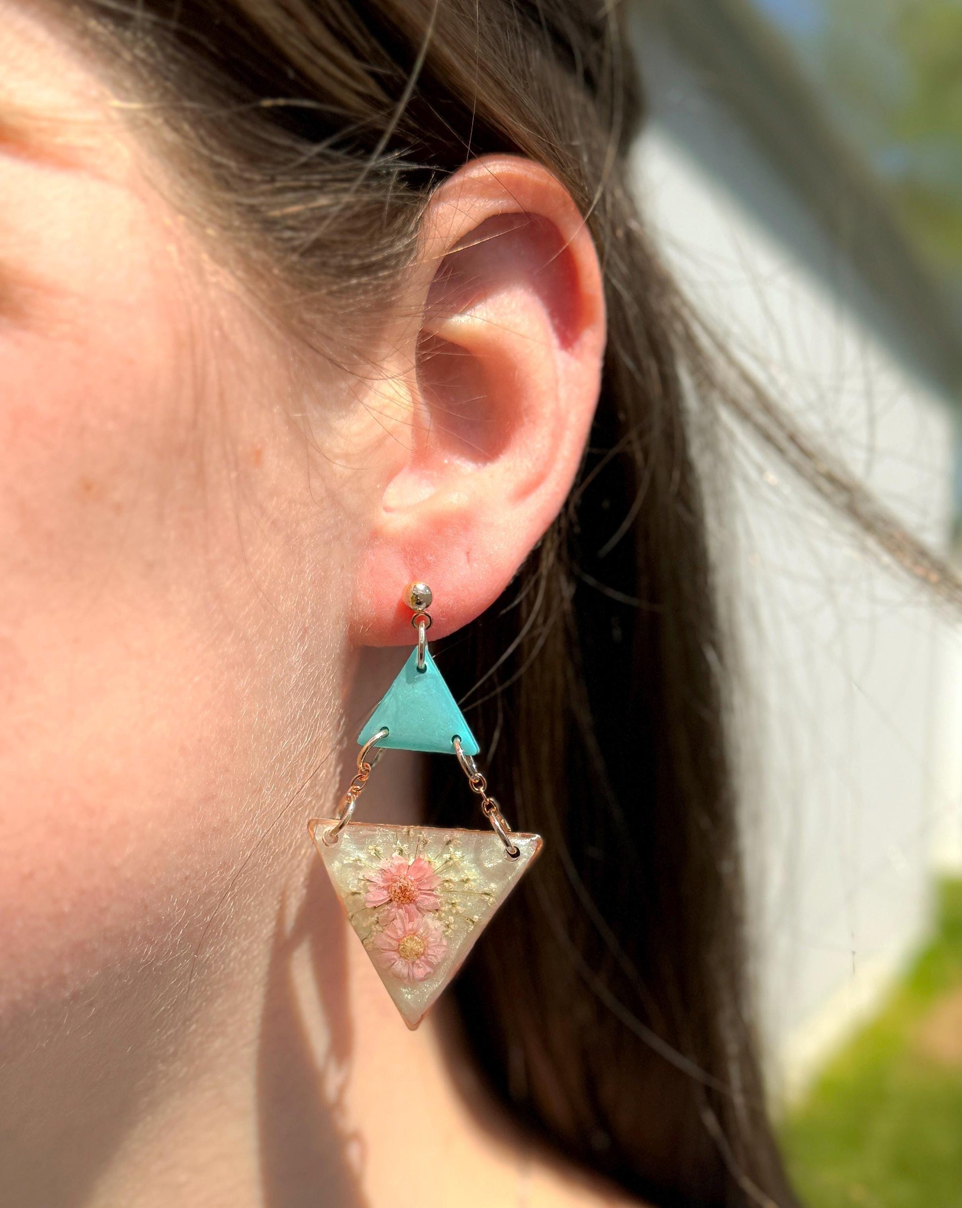 Teal & Pink Pressed Flower Resin Earrings: Geometric Statement Jewelry