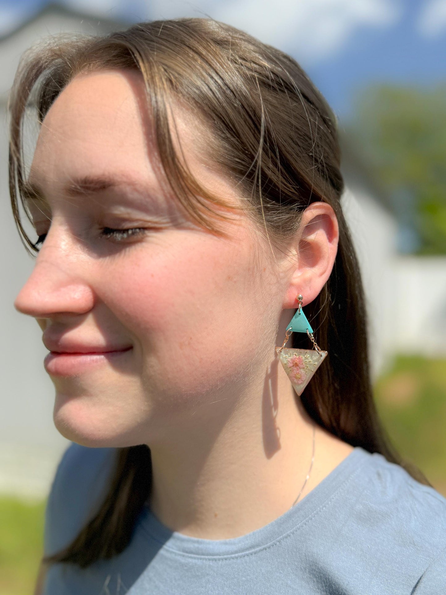 Teal & Pink Pressed Flower Resin Earrings: Geometric Statement Jewelry