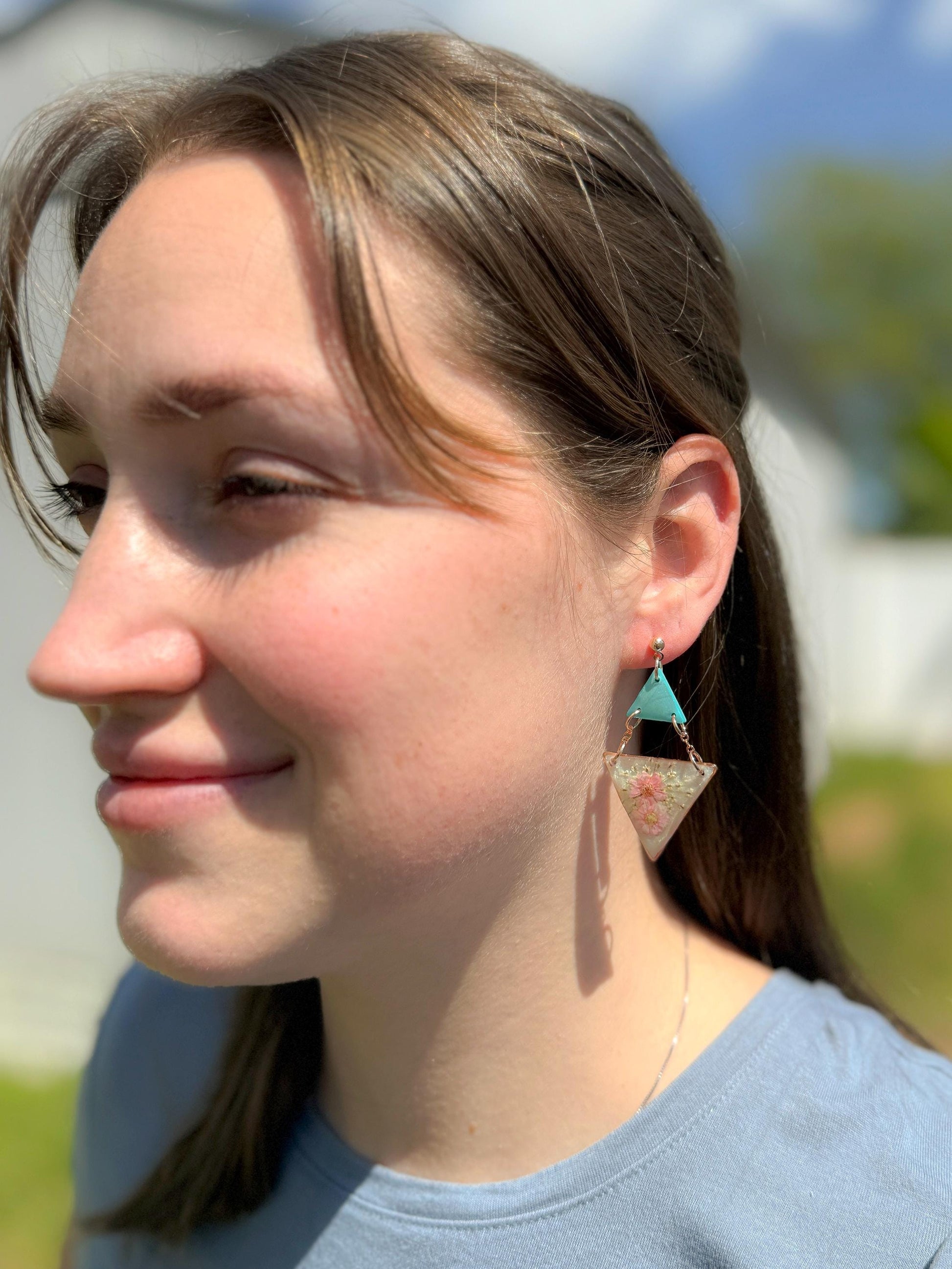 Teal & Pink Pressed Flower Resin Earrings: Geometric Statement Jewelry